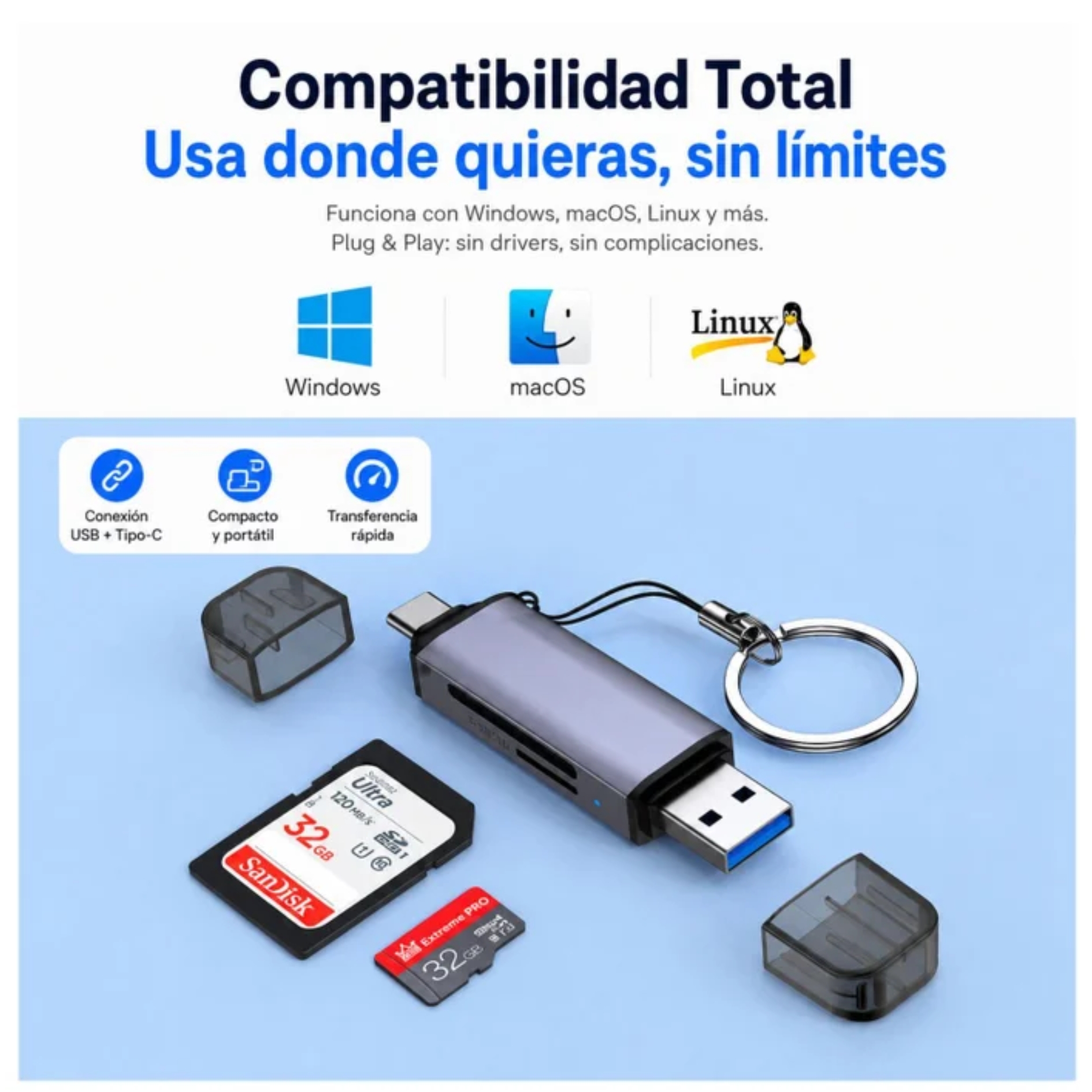 LECTOR DE MEMORIA SD MICRO SD 2 EN 1 USB - TYPE C 5GBPS OTG PARA PC  MACBOOK CELULARES - 3