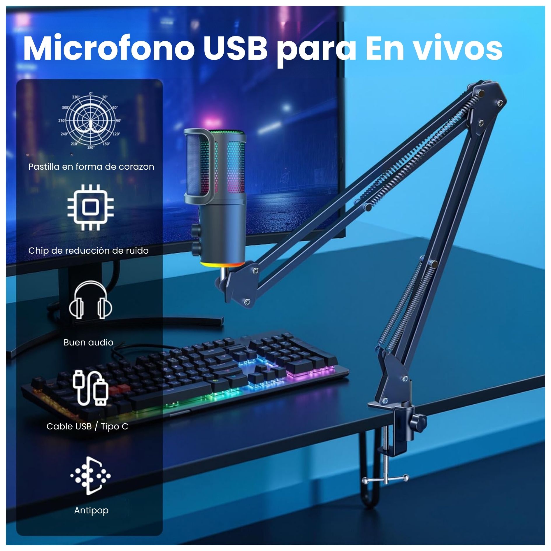 MICRÓFONO GAMER CARDIOIDE RGB USB CON SOPORTE DE BRAZO DE ESCRITORIO PARA  PC, CELULAR Y PODCAST - 2
