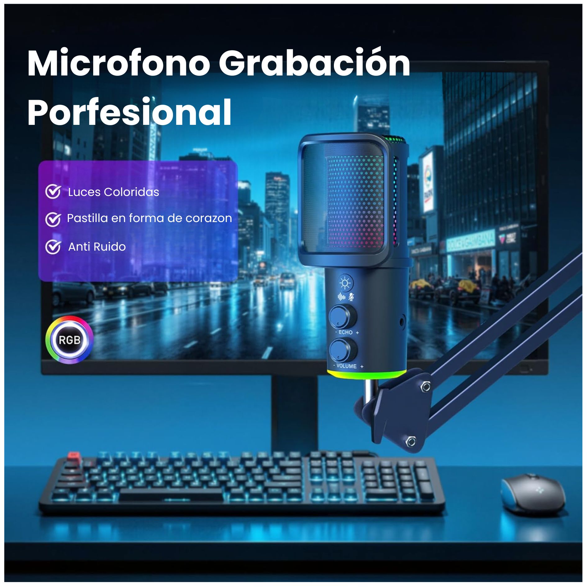 MICRÓFONO GAMER CARDIOIDE RGB USB CON SOPORTE DE BRAZO DE ESCRITORIO PARA  PC, CELULAR Y PODCAST - 3