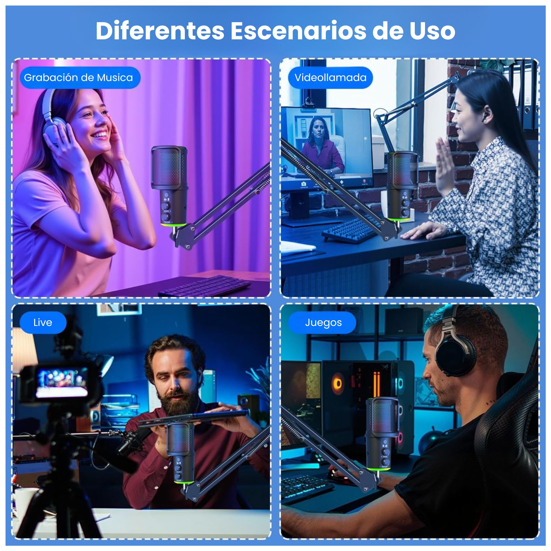 MICRÓFONO GAMER CARDIOIDE RGB USB CON SOPORTE DE BRAZO DE ESCRITORIO PARA  PC, CELULAR Y PODCAST - 5