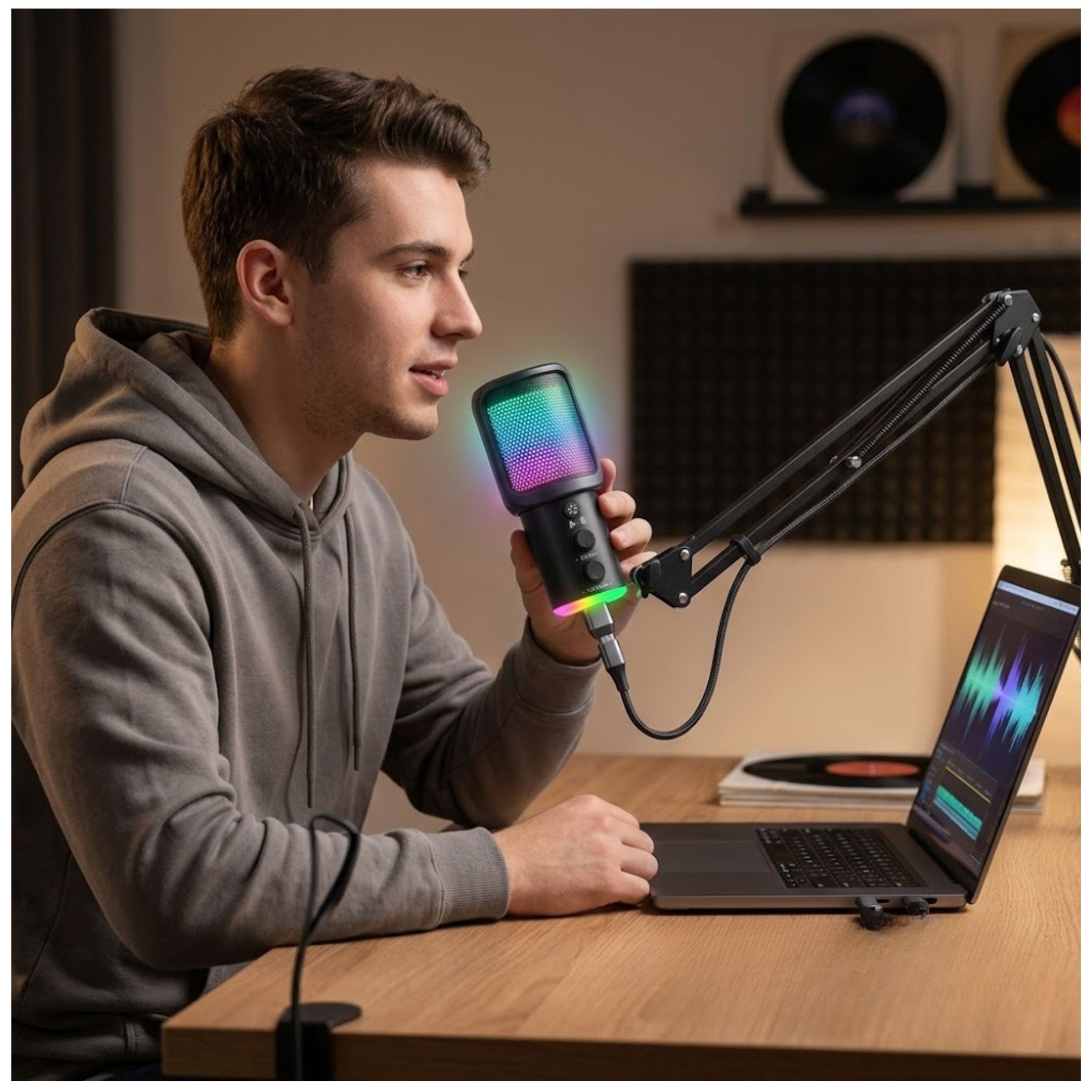 MICRÓFONO GAMER CARDIOIDE RGB USB CON SOPORTE DE BRAZO DE ESCRITORIO PARA  PC, CELULAR Y PODCAST - 6
