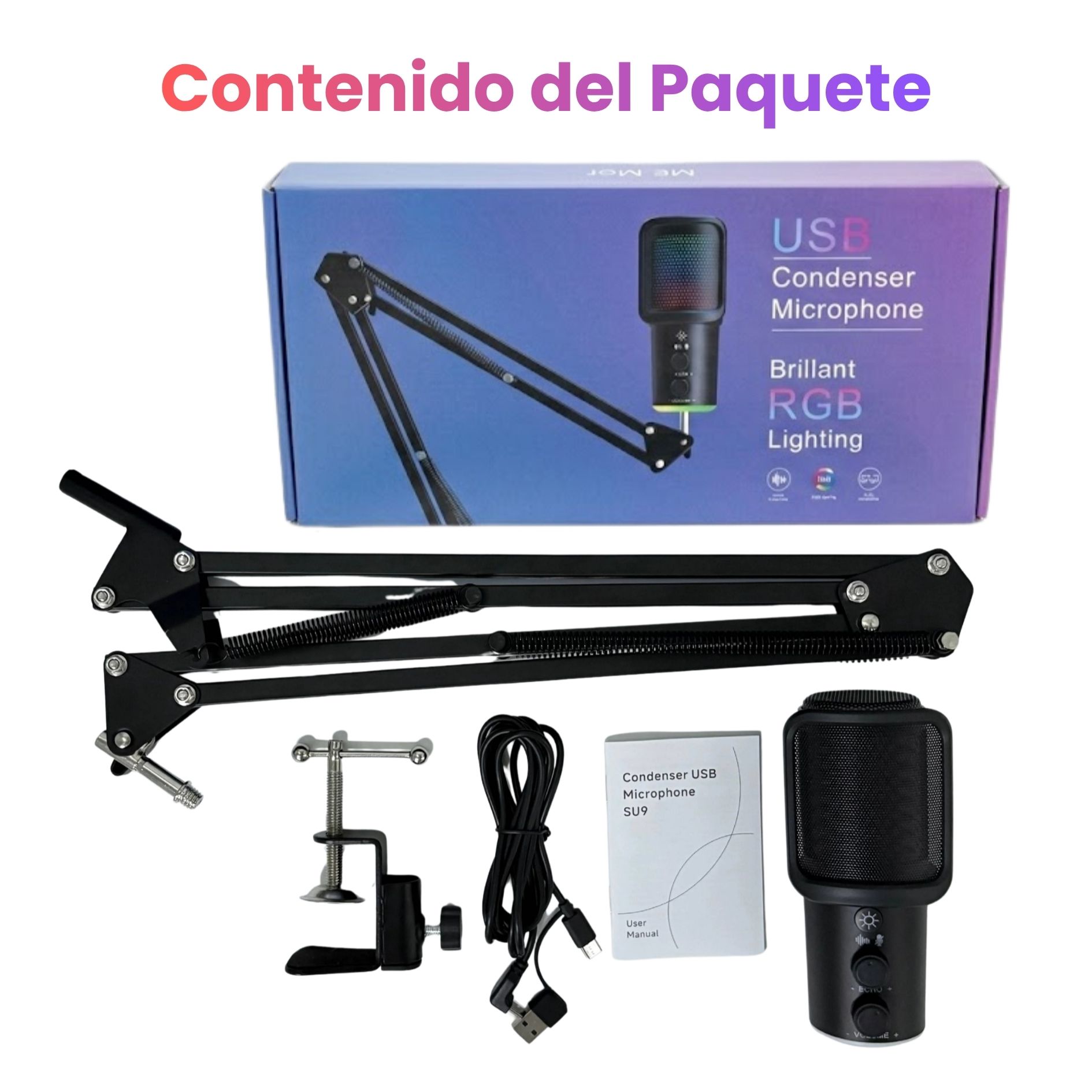 MICRÓFONO GAMER CARDIOIDE RGB USB CON SOPORTE DE BRAZO DE ESCRITORIO PARA  PC, CELULAR Y PODCAST - 7