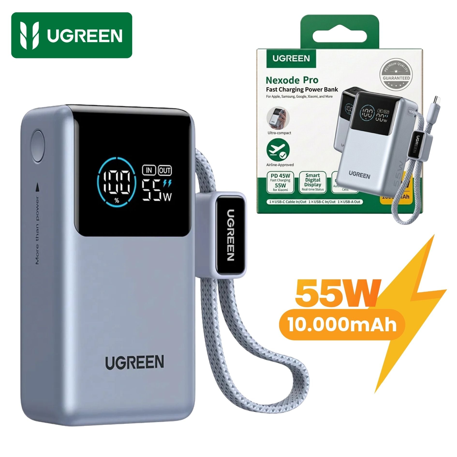 POWER BANK NEXODE PRO UGREEN 10000MAH 55W CABLE INTEGRADO CARGADOR PORTATIL - 1