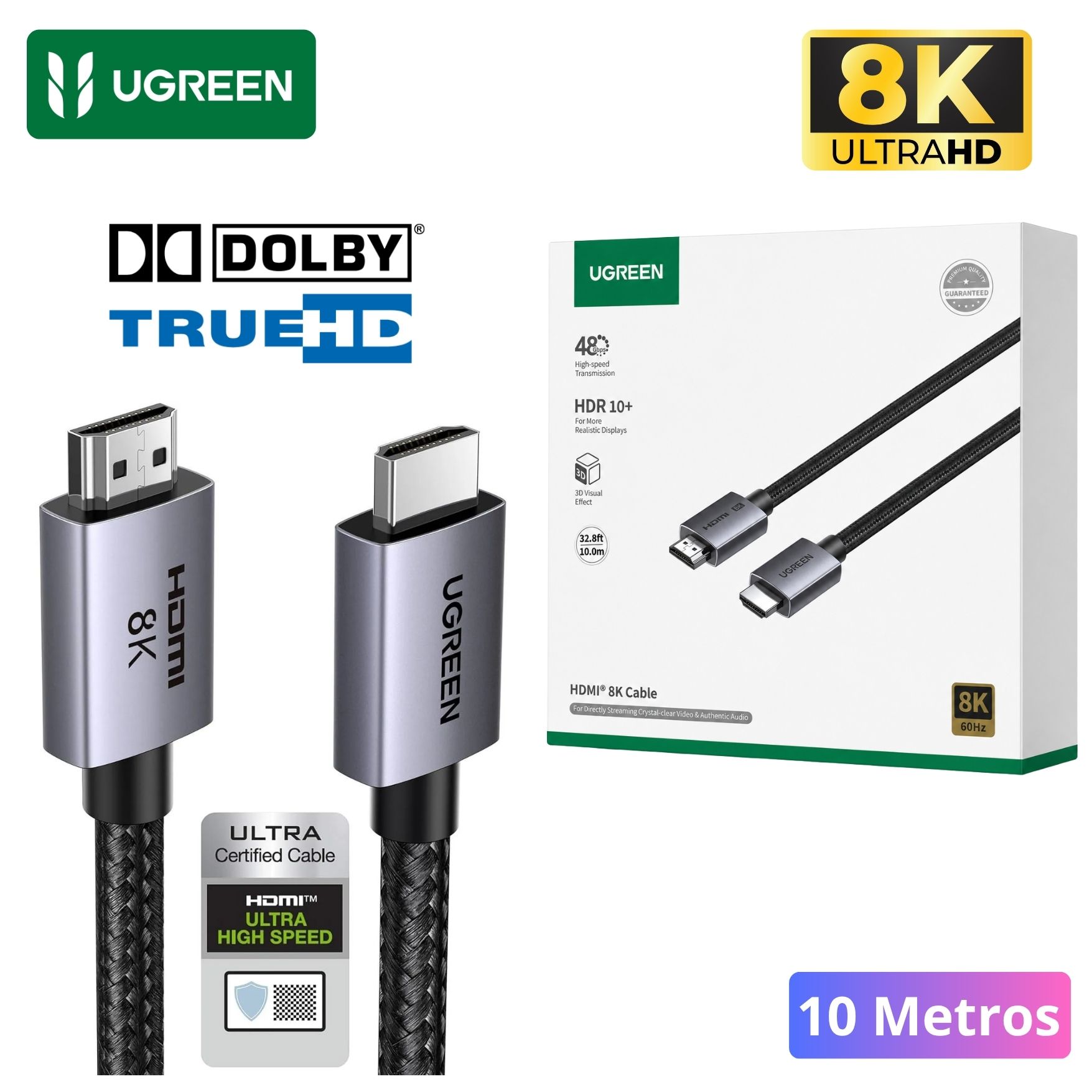 CABLE HDMI UGREEN 8K 60HZ HDMI 2.1 48GBPS DOLBY ATMOS HDR 10 METROS UGREEN HD171 - 25914 10M - 1
