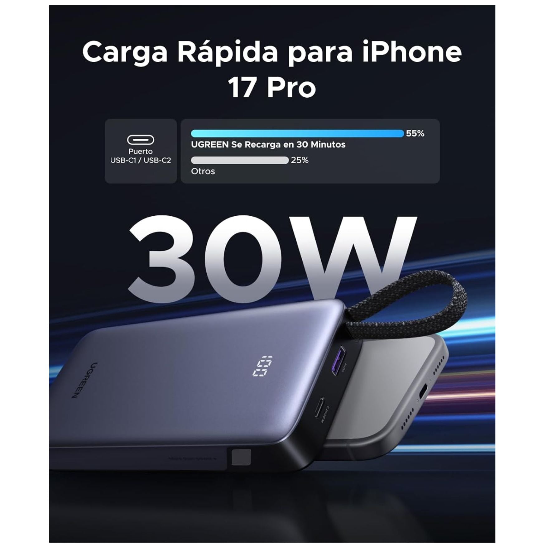POWER BANK UGREEN 20000MAH CARGA RAPIDA 30W CABLE INTEGRADO LIGHTNING TYPE C BATERÍA PORTÁTIL - 3