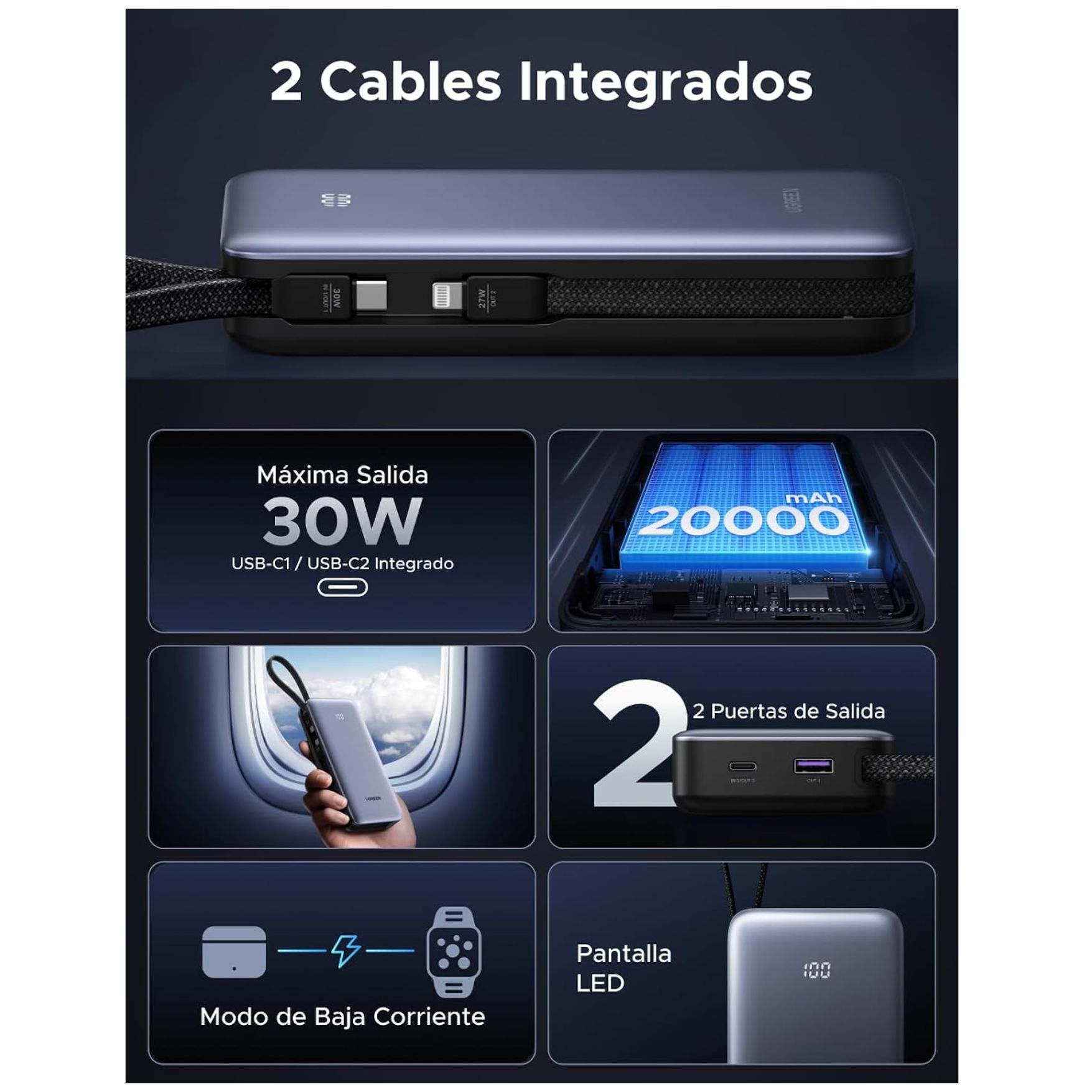 POWER BANK UGREEN 20000MAH CARGA RAPIDA 30W CABLE INTEGRADO LIGHTNING TYPE C BATERÍA PORTÁTIL - 7