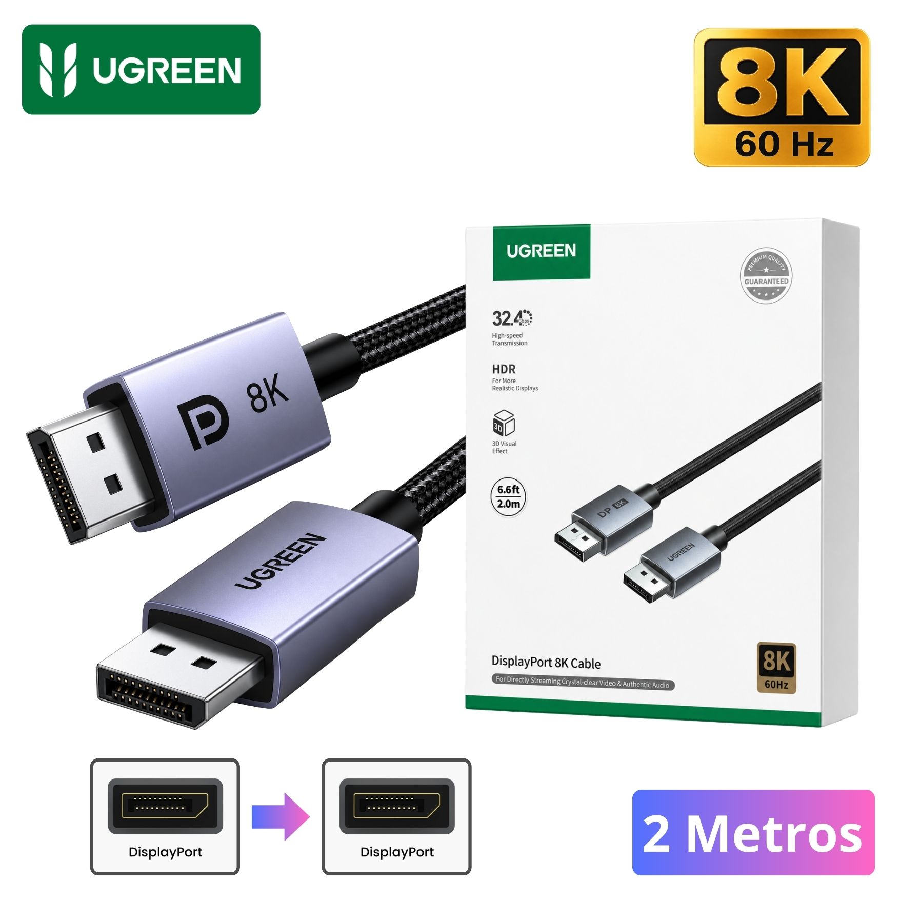 CABLE DISPLAYPORT UGREEN SOPORTA 8K@60HZ, 4K@144HZ/240HZ, 32.4 GBPS CABLE DPI 2 METROS - 1