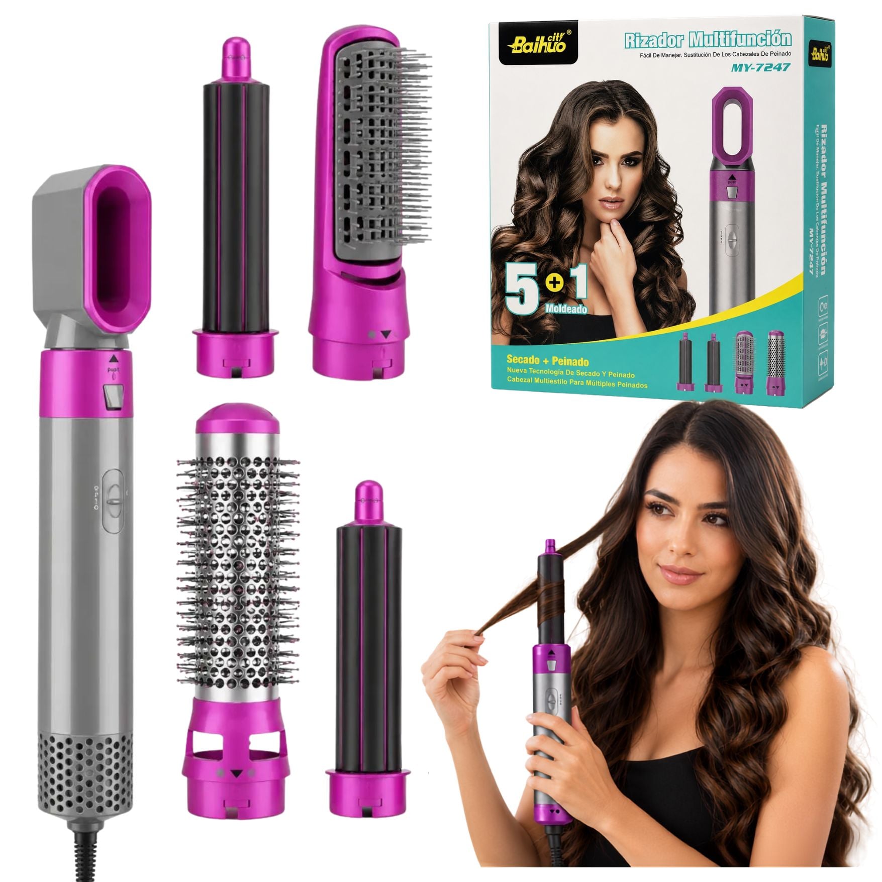 PEINE SECADORA RIZADORA ONDULADOR DE CABELLO 5 EN 1 SECADOR DE PELO MULTIFUNCIONAL BAIHUO MY-7247 - 1