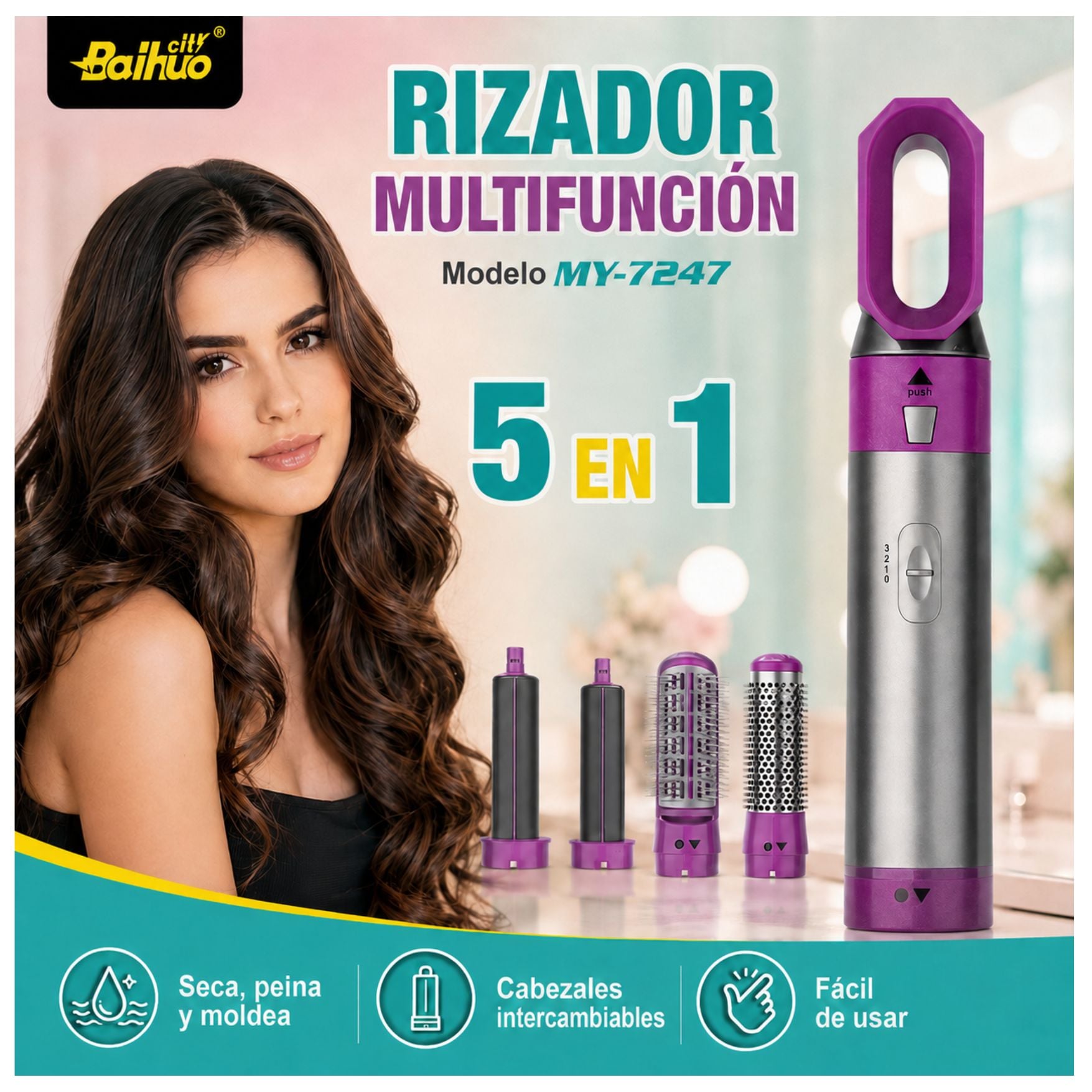 PEINE SECADORA RIZADORA ONDULADOR DE CABELLO 5 EN 1 SECADOR DE PELO MULTIFUNCIONAL BAIHUO MY-7247 - 2