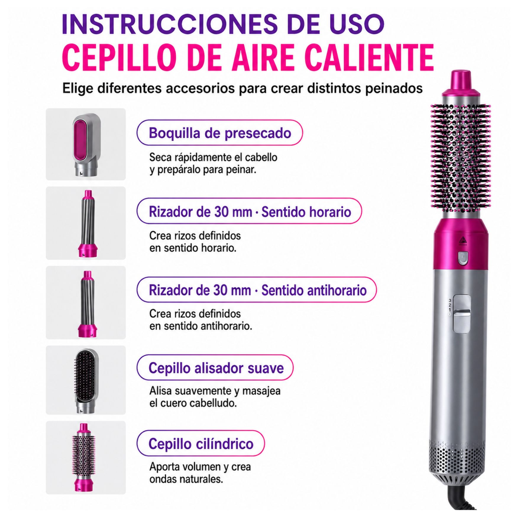 PEINE SECADORA RIZADORA ONDULADOR DE CABELLO 5 EN 1 SECADOR DE PELO MULTIFUNCIONAL BAIHUO MY-7247 - 7