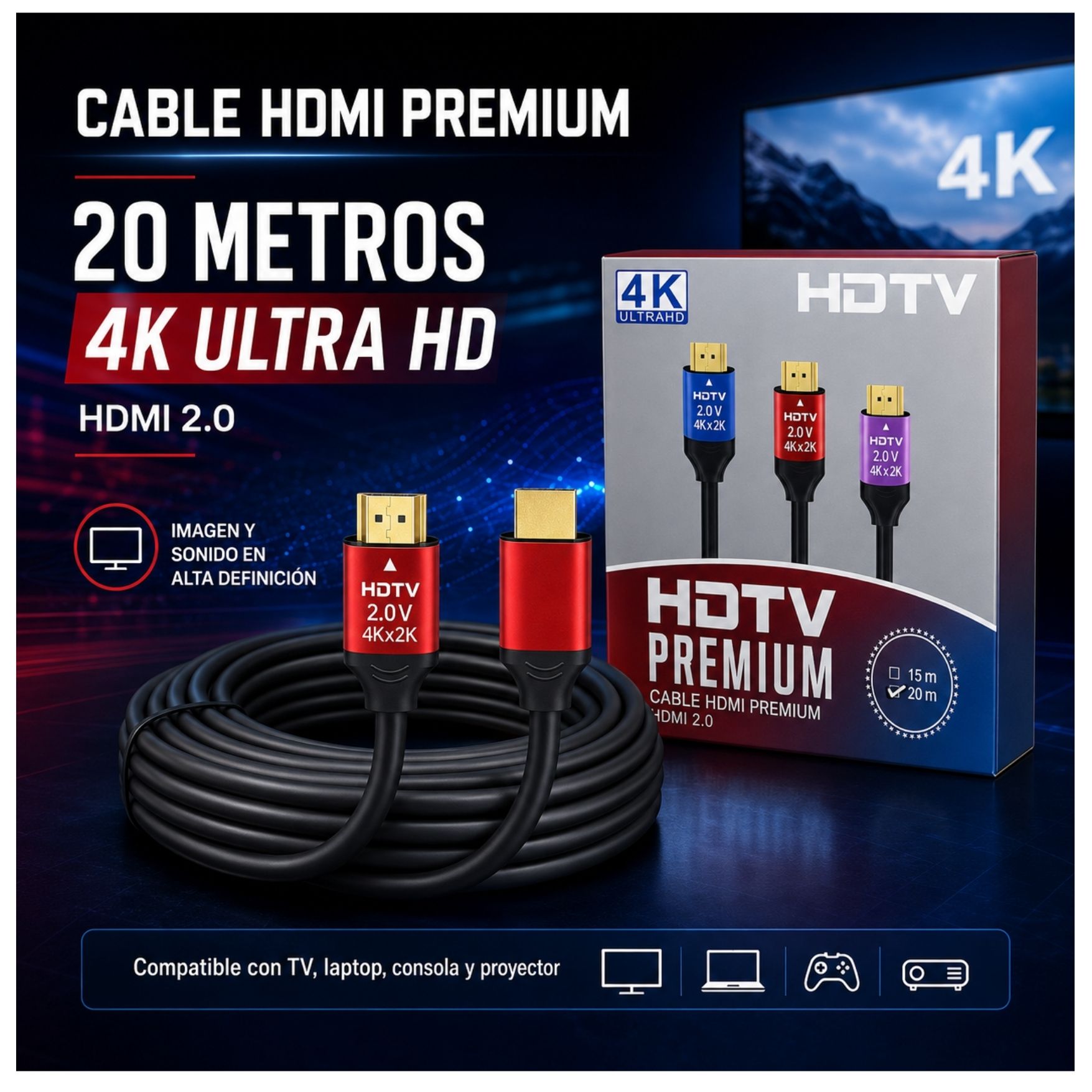 CABLE HDMI 2.0 4K 60HZ, ALTA DEFINICIÓN ULTRA HD 20 METROS PARA TV PROYECTOR PS5 XBOX PC CABLE HDMI - 3