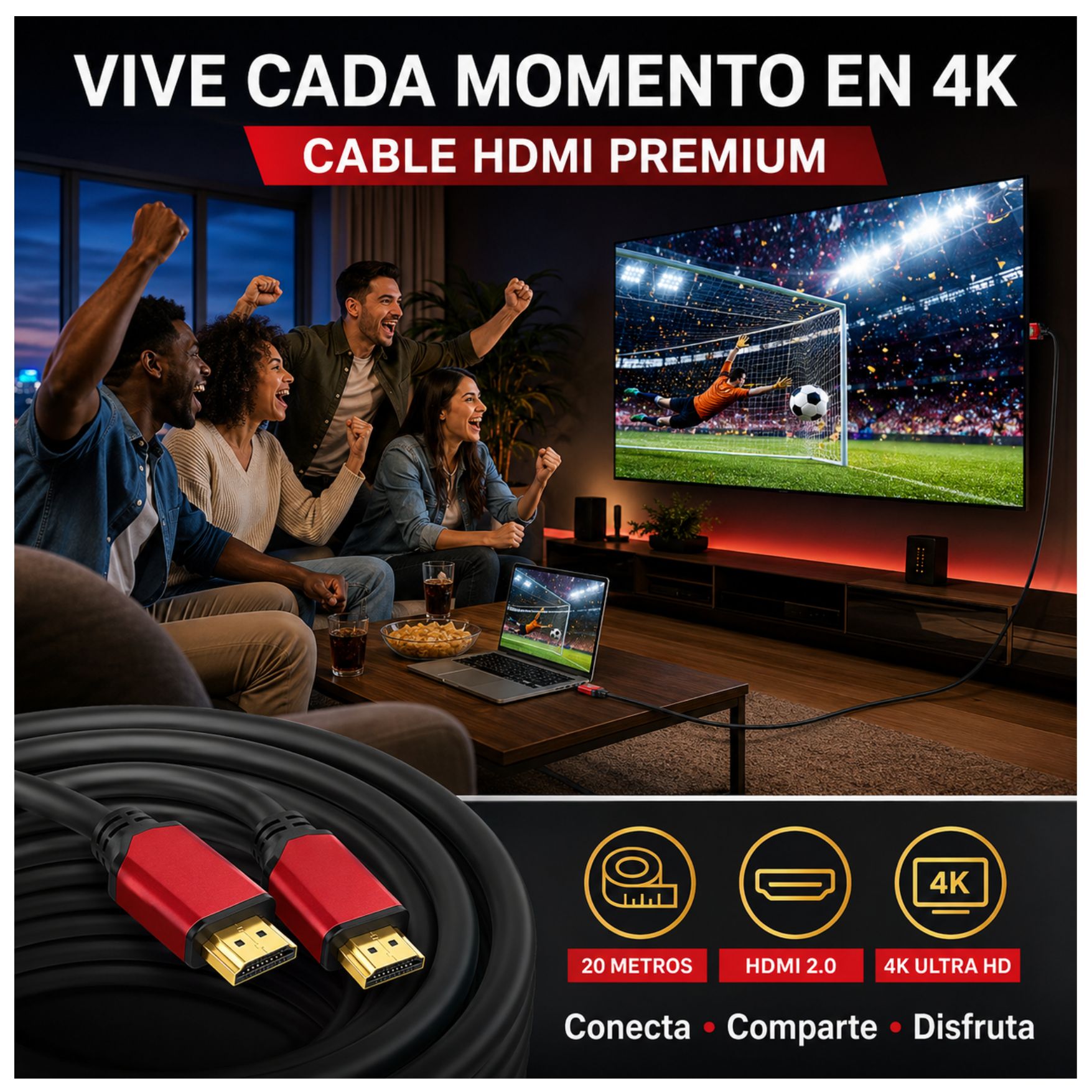 CABLE HDMI 2.0 4K 60HZ, ALTA DEFINICIÓN ULTRA HD 20 METROS PARA TV PROYECTOR PS5 XBOX PC CABLE HDMI - 5