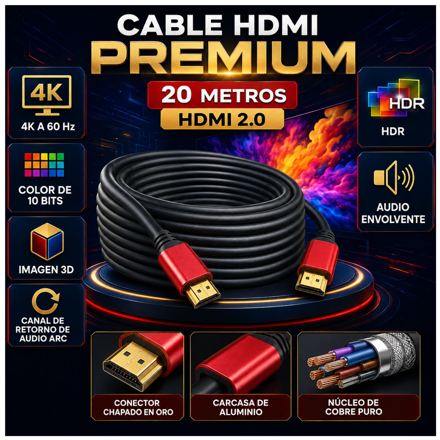 CABLE HDMI 2.0 4K 60HZ, ALTA DEFINICIÓN ULTRA HD 20 METROS PARA TV PROYECTOR PS5 XBOX PC CABLE HDMI - 6