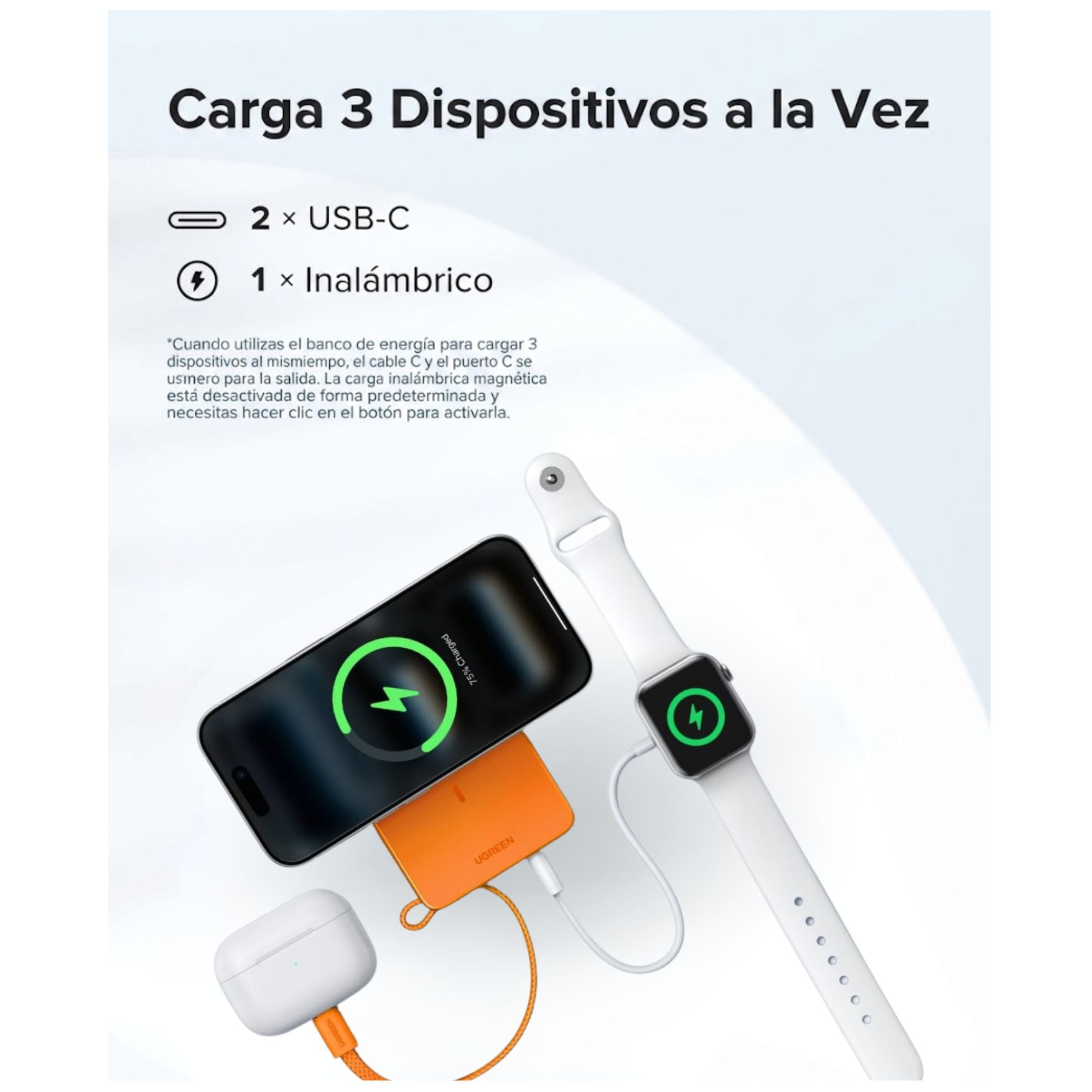 POWER BANK UGREEN 30W CARGADOR INALÁMBRICO QI2 MAGFLOW DE 25 W MAGSAFE 2 EN 1 - 5
