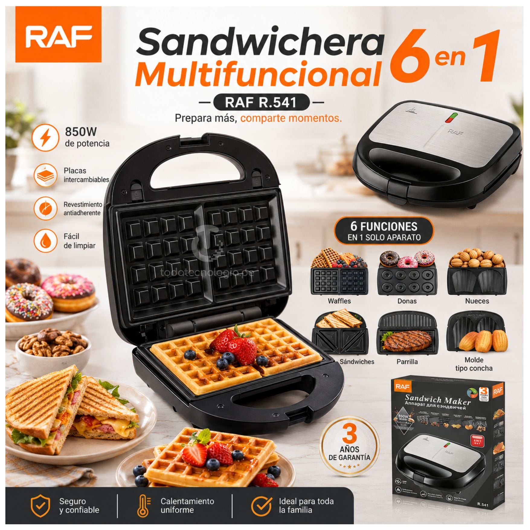 SANDWICHERA WAFLERA DONUTS DONAS PARRILLA MULTIFUNCIONAL 6 EN 1 RAF CON PLACAS INTERCAMBIABLES - 2