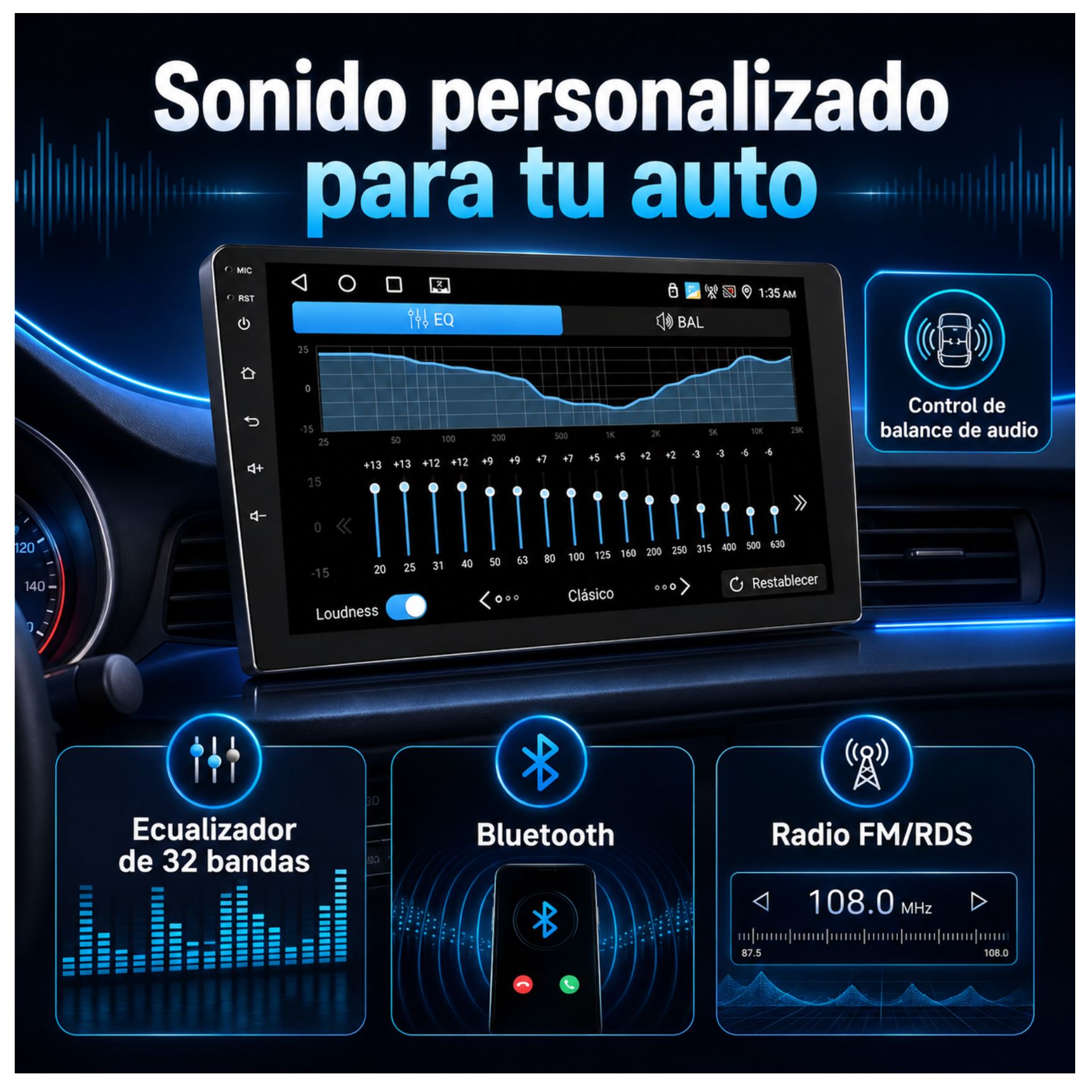 AUTORADIO ANDROID CON PANTALLA TACTIL 10 PULGADAS 2+32GB GPS WIFI BLUETOOTH Y CÁMARA RETROVISOR - 3