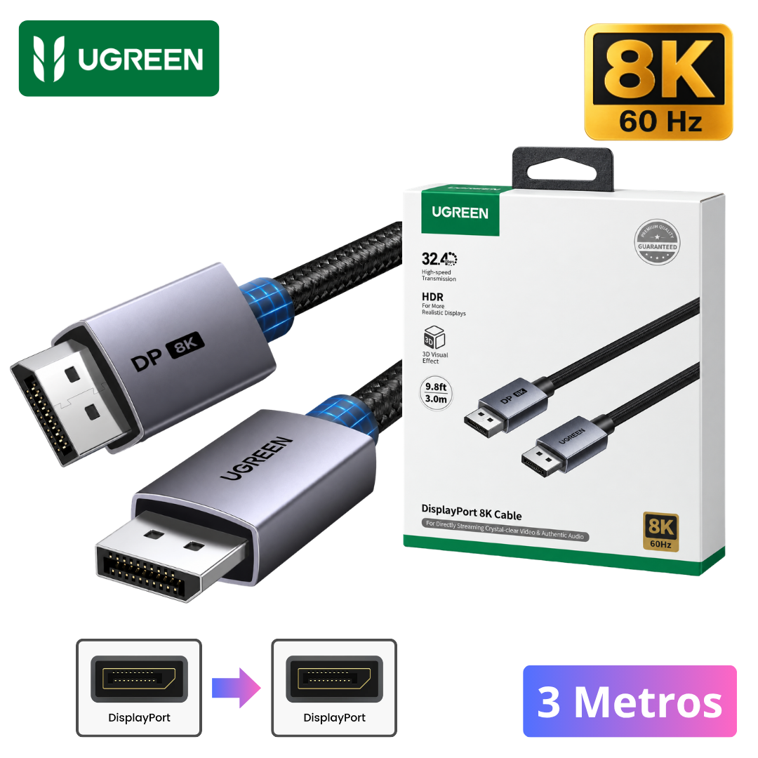 CABLE DISPLAYPORT UGREEN SOPORTA 8K@60HZ, 4K@144HZ/240HZ, 32.4 GBPS CABLE DPI 3 METROS - 1