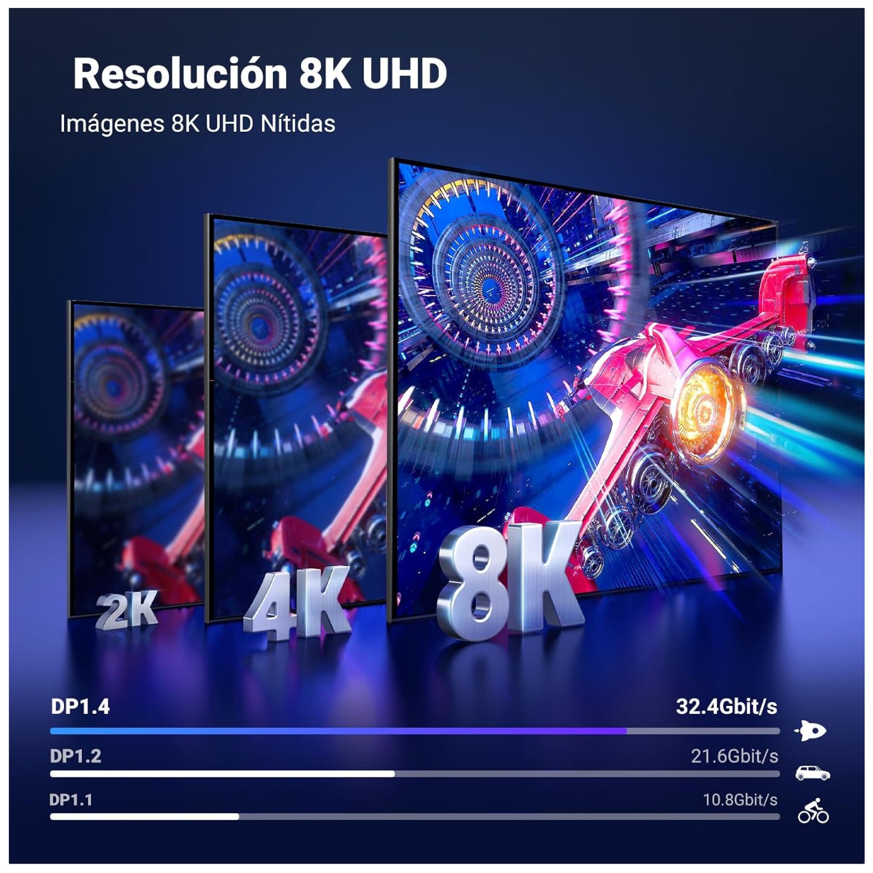 CABLE DISPLAYPORT UGREEN SOPORTA 8K@60HZ, 4K@144HZ/240HZ, 32.4 GBPS CABLE DPI 3 METROS - 3