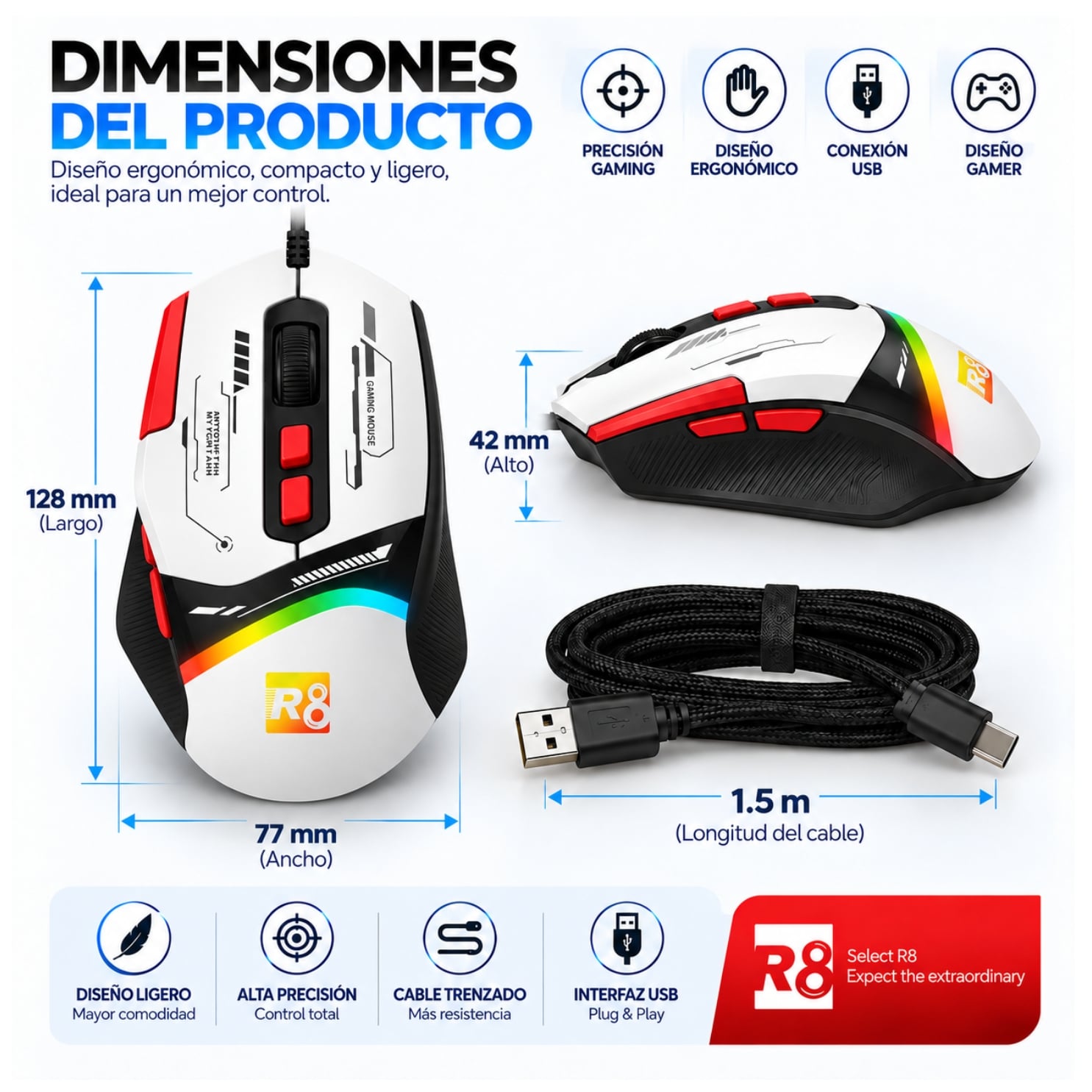 MOUSE GAMER RGB MODO DUAL INALAMBRICO RECARGABLE 12800DPI SENSOR ÓPTICO BOTONES PROGRAMABLES - 4