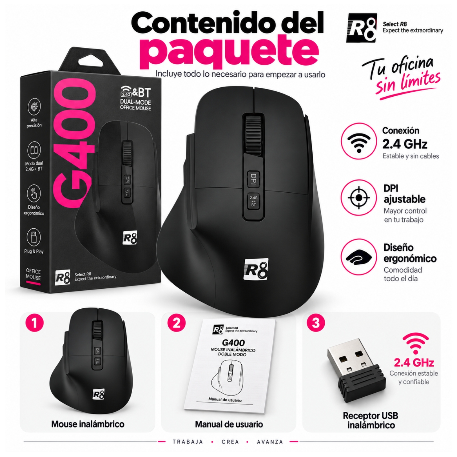 MOUSE INALAMBRICO ERGONOMICO 2.4GHZ + BLUETOOTH COMPATIBLE CON SISTEMA WINDOWS Y MAC - 5