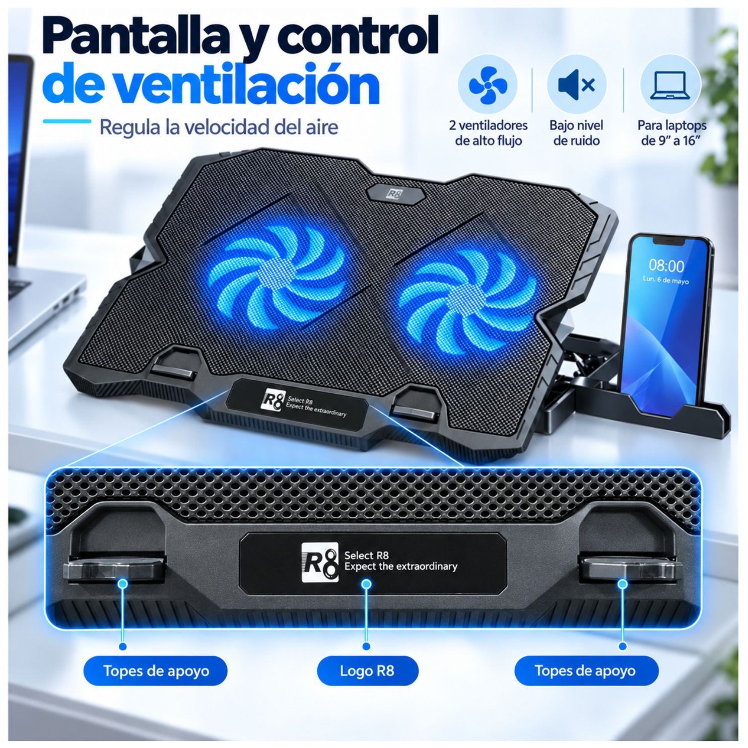 SOPORTE PARA LAPTOP, BASE ENFRIADOR CON VENTILADOR DE LAPTOP MACBOOK GAMER HASTA 16 PULGADAS - 5
