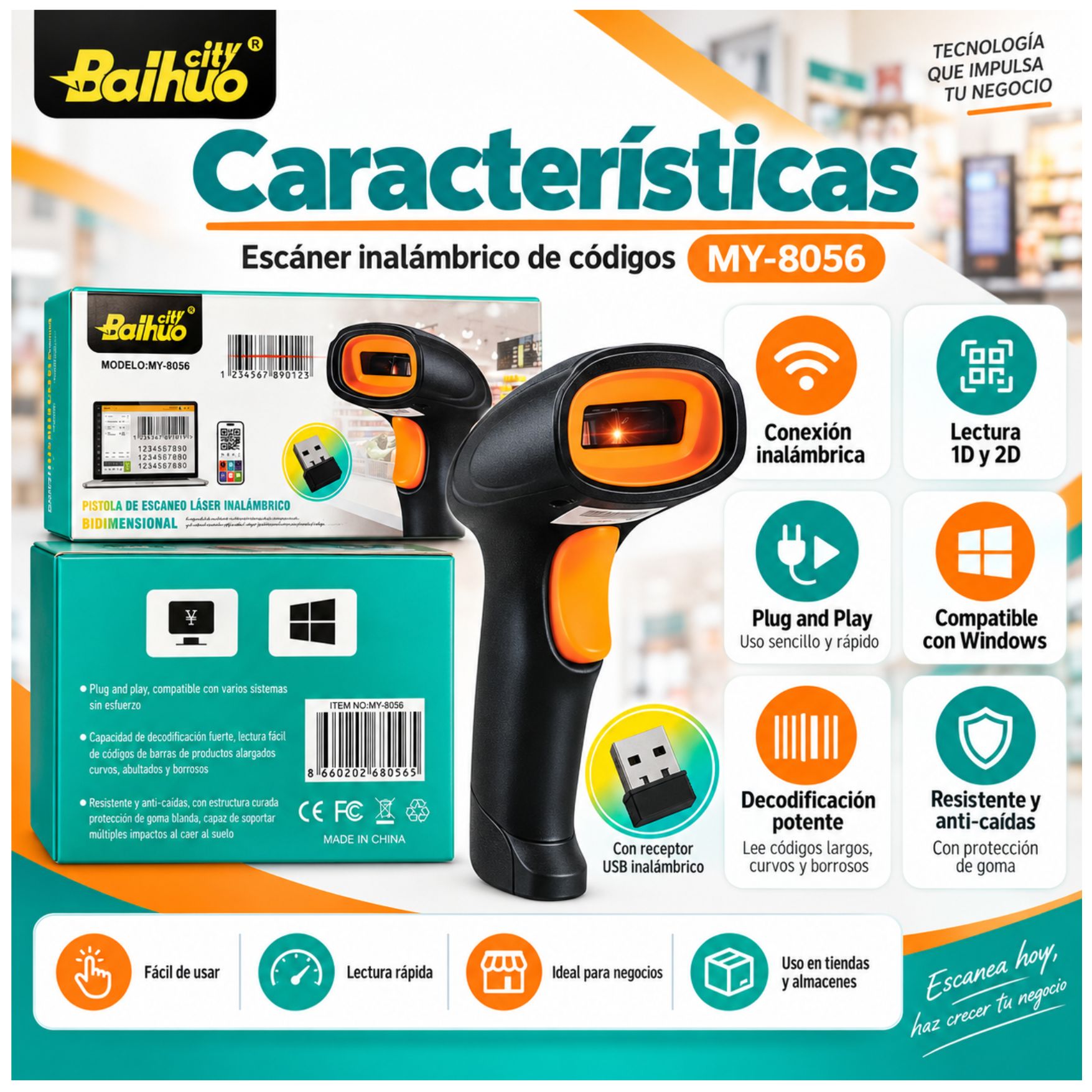 LECTOR DE CÓDIGOS DE BARRAS LECTOR QR 1D 2D INALAMBRICO RECARGABLE BAIHUO MY-8056 - 2