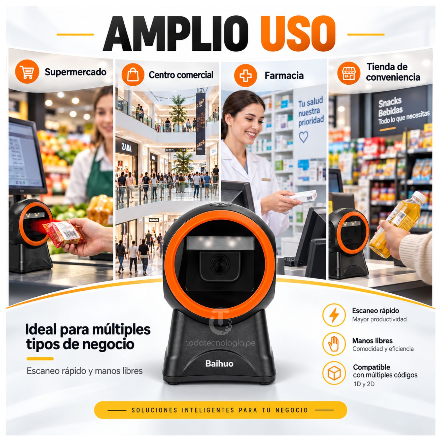 LECTOR DE CÓDIGOS DE BARRAS LECTOR QR 1D 2D OMNIDIRECCIONAL CON CABLE USB BAIHUO MY-7787 - 4