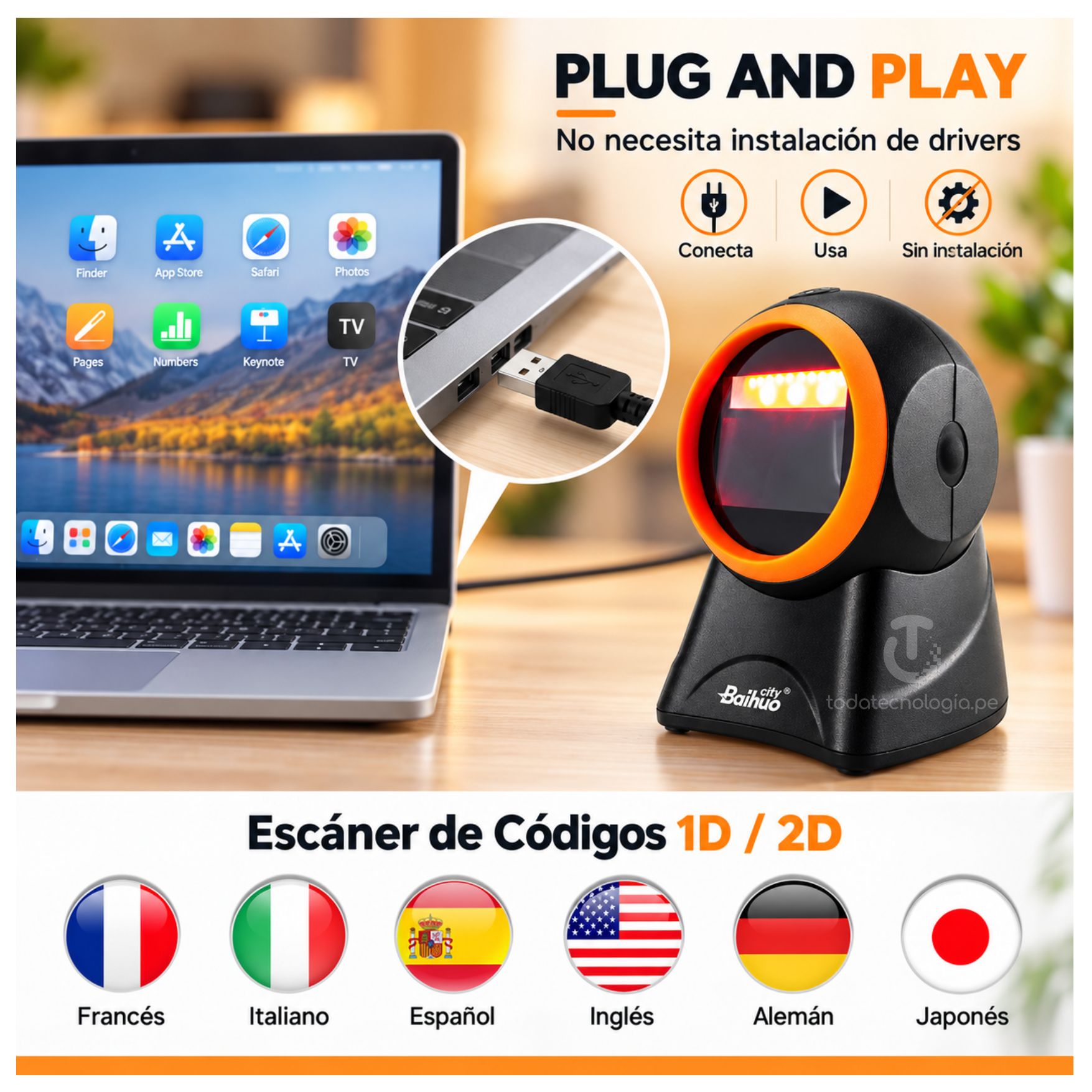 LECTOR DE CÓDIGOS DE BARRAS LECTOR QR 1D 2D OMNIDIRECCIONAL CON CABLE USB BAIHUO MY-7787 - 5