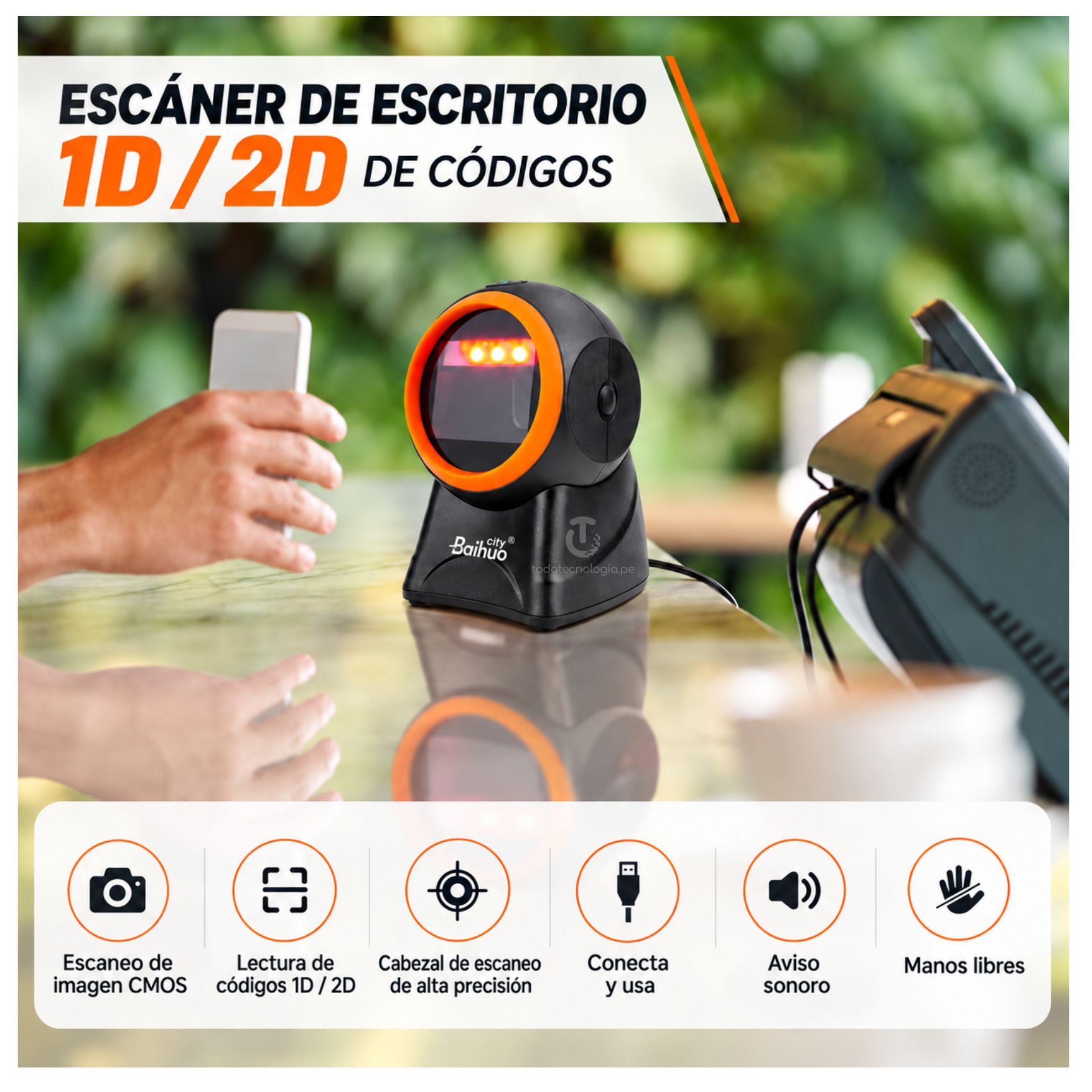 LECTOR DE CÓDIGOS DE BARRAS LECTOR QR 1D 2D OMNIDIRECCIONAL CON CABLE USB BAIHUO MY-7787 - 6