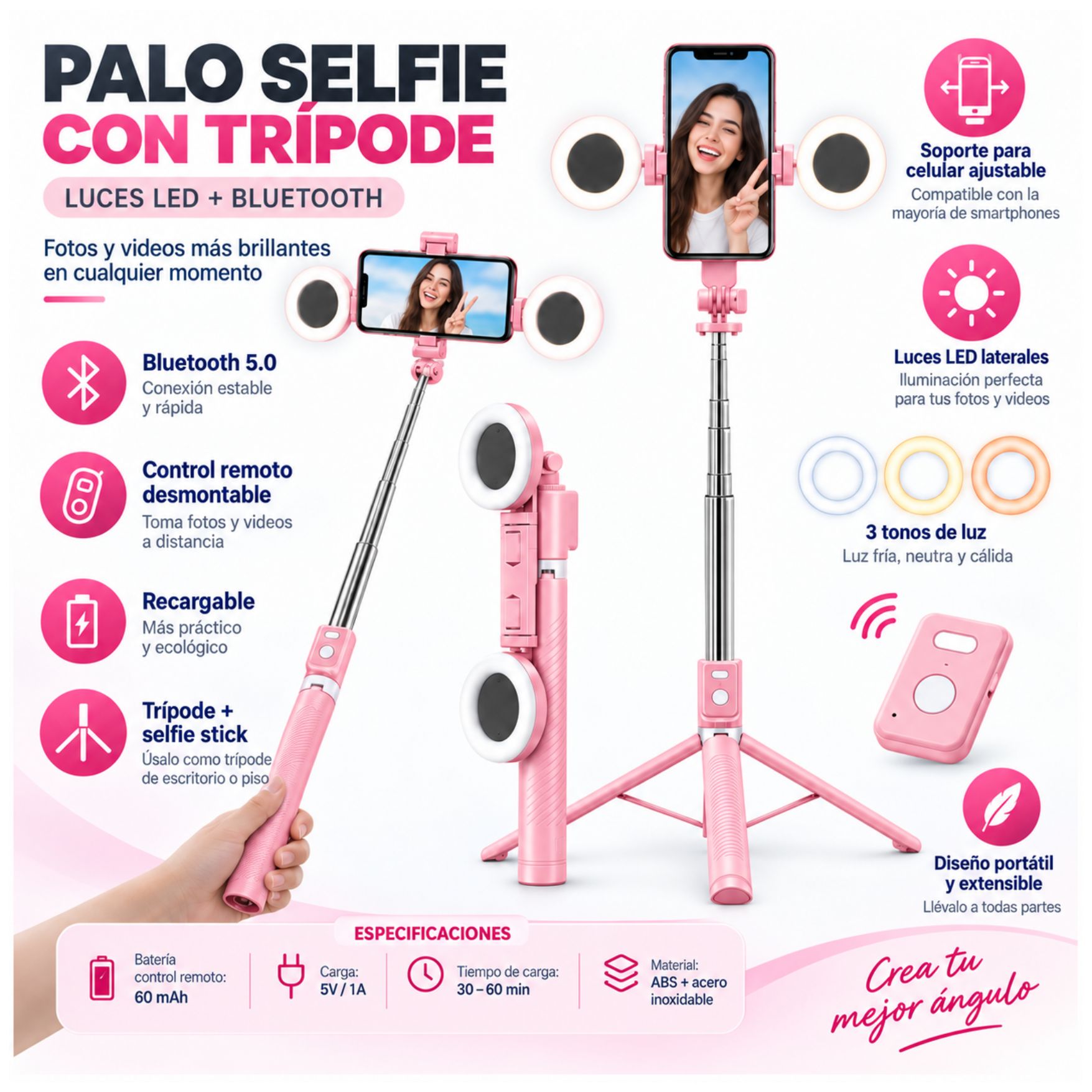 TRÍPODE PALO SELFIE STICK 170CM CON ARO LUZ LED CONTROL REMOTO BLUETOOTH LIVE STREAMING - 2