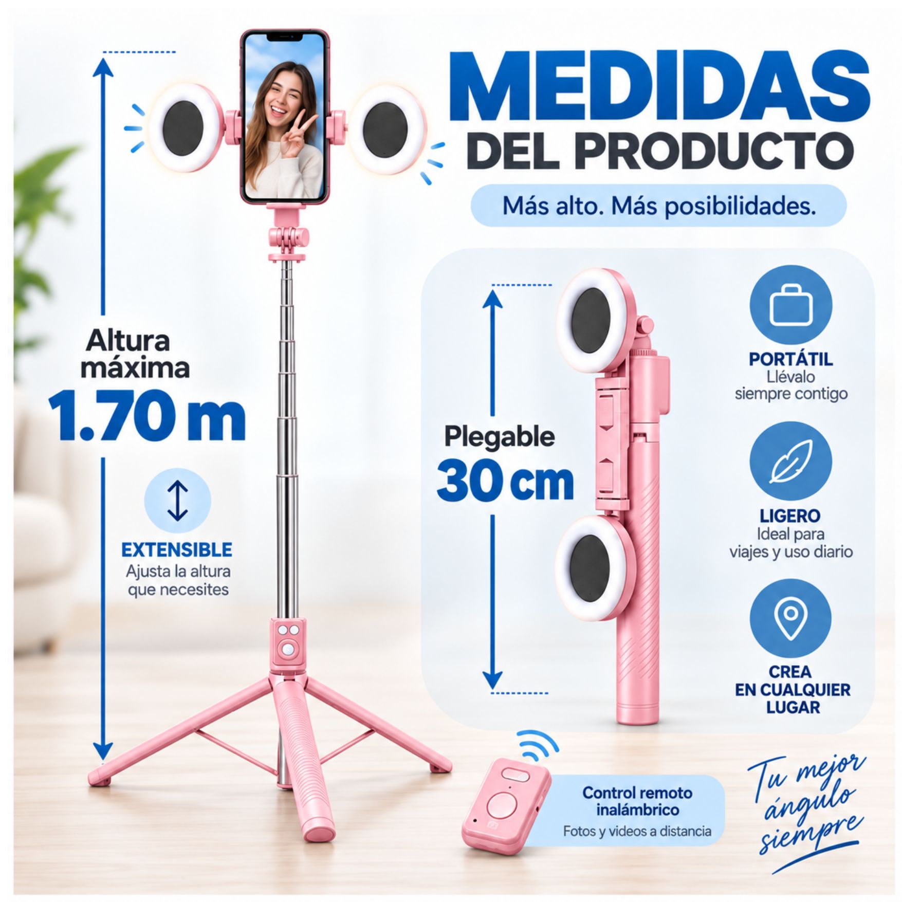 TRÍPODE PALO SELFIE STICK 170CM CON ARO LUZ LED CONTROL REMOTO BLUETOOTH LIVE STREAMING - 3