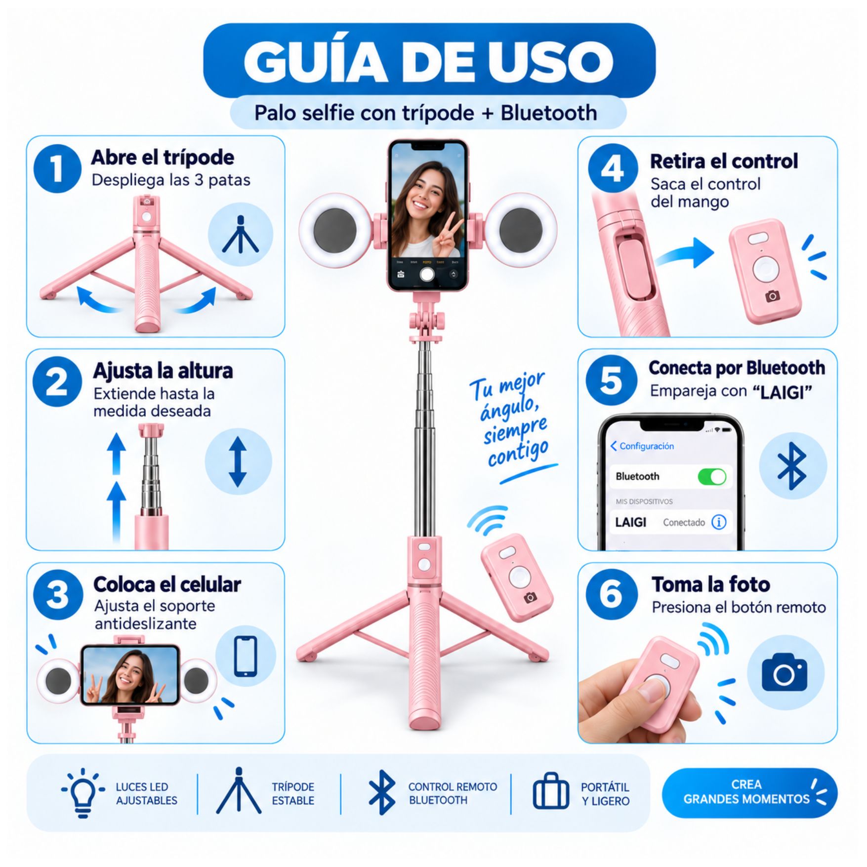 TRÍPODE PALO SELFIE STICK 170CM CON ARO LUZ LED CONTROL REMOTO BLUETOOTH LIVE STREAMING - 4