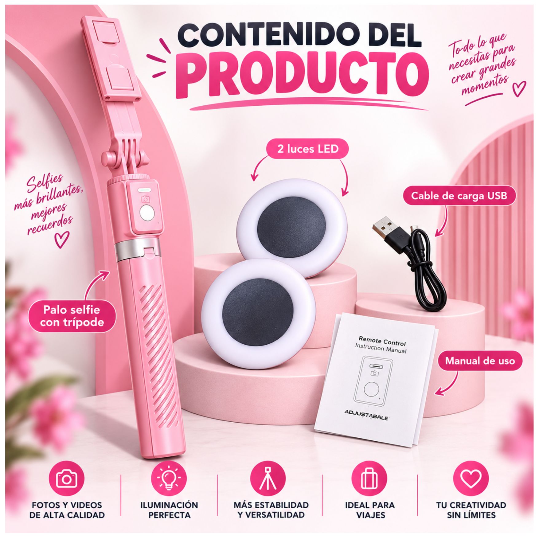 TRÍPODE PALO SELFIE STICK 170CM CON ARO LUZ LED CONTROL REMOTO BLUETOOTH LIVE STREAMING - 7