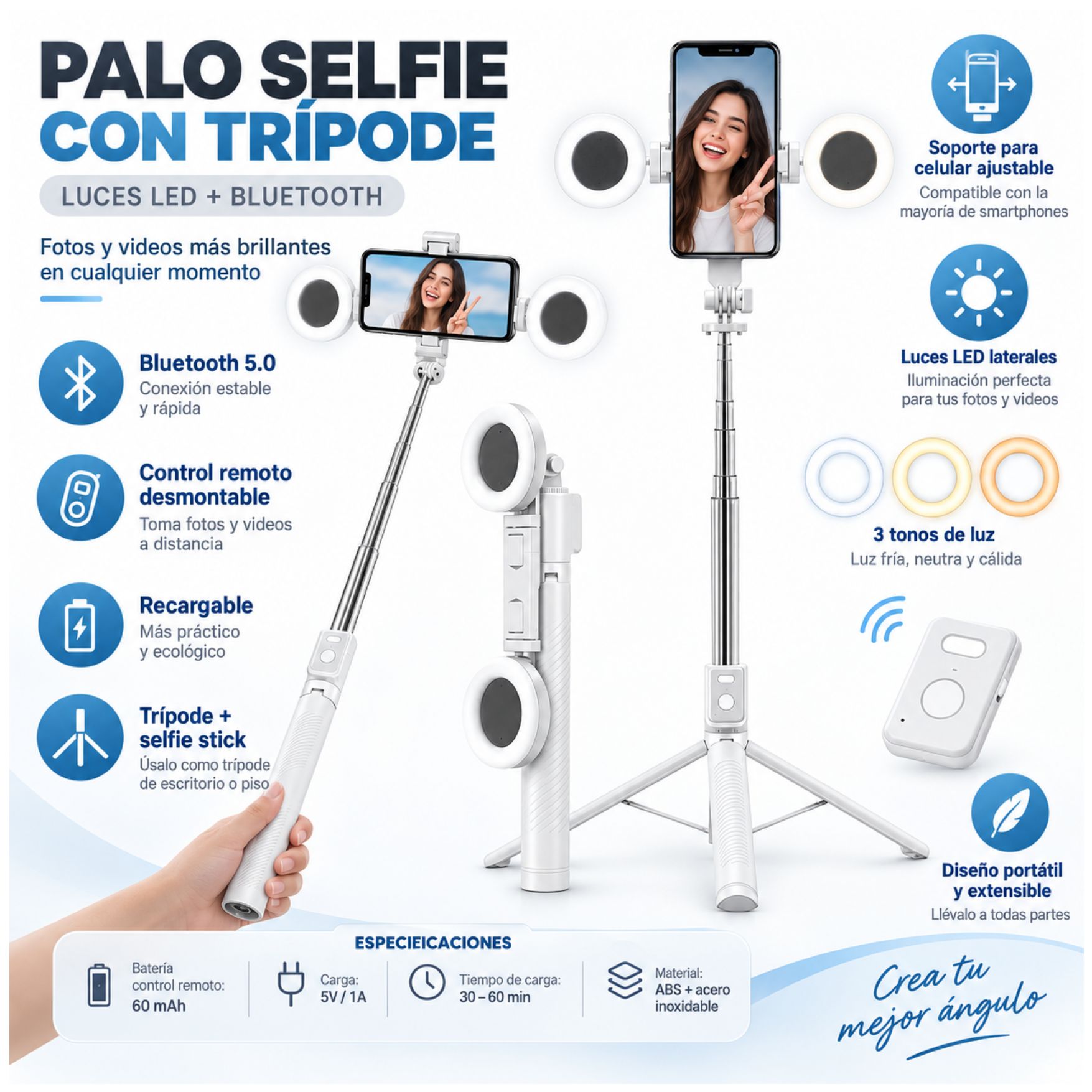 TRÍPODE PALO SELFIE STICK 170CM CON ARO LUZ LED CONTROL REMOTO BLUETOOTH LIVE STREAMING - 2