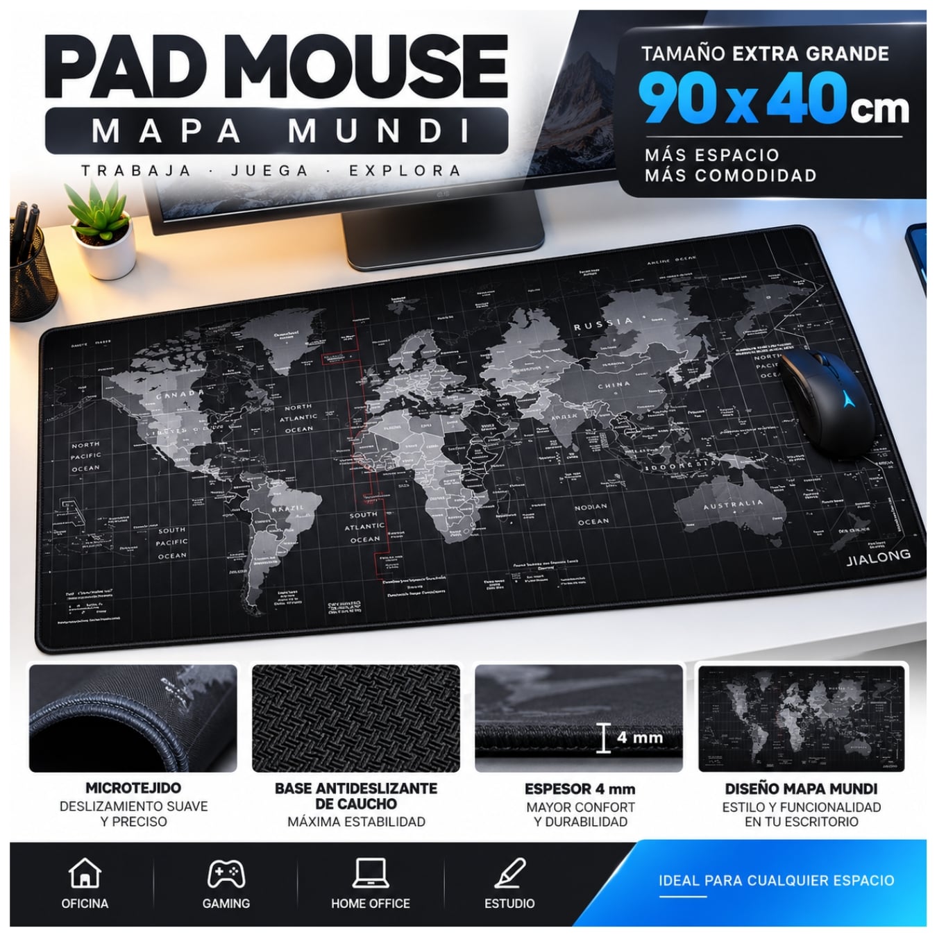 PAD MOUSE GAMER XXL 90×40 CM PARA TECLADO MOUSE ALFOMBRILLA ANTIDESLIZANTE GAMING MAPAMUNDI - 3