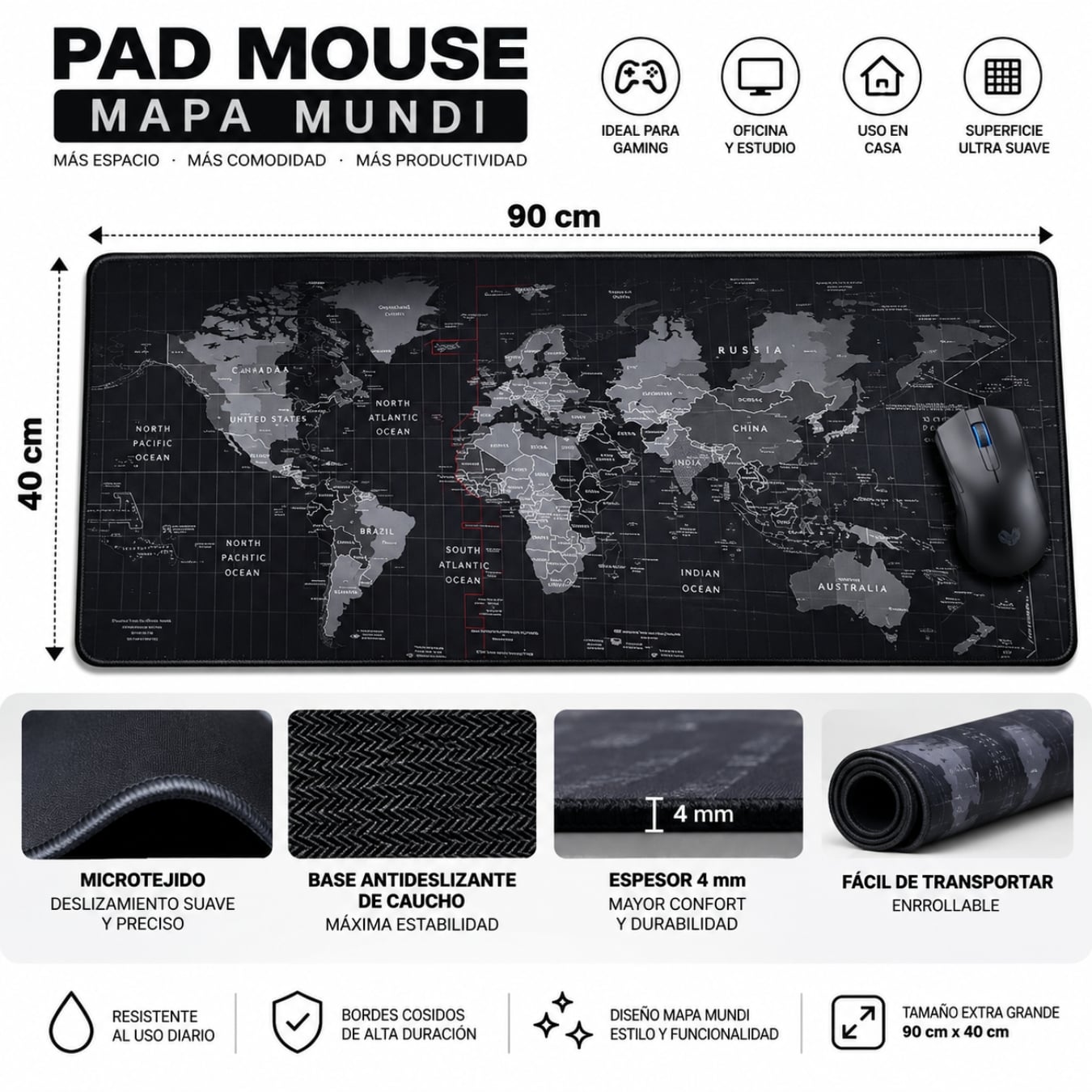PAD MOUSE GAMER XXL 90×40 CM PARA TECLADO MOUSE ALFOMBRILLA ANTIDESLIZANTE GAMING MAPAMUNDI - 4