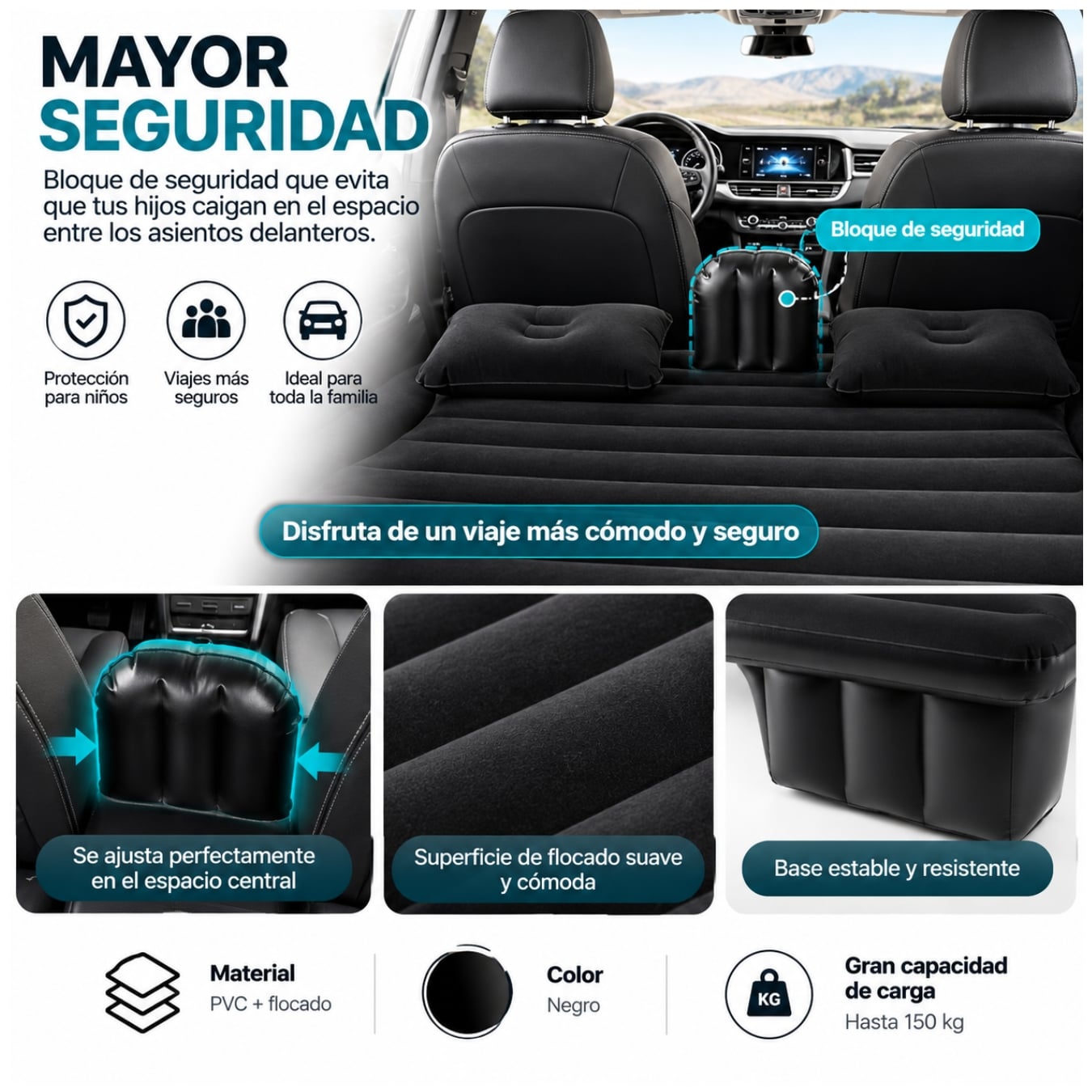 COLCHÓN CAMA INFLABLE AUTOMÓVIL PARA ASIENTO TRASERO CON BOMBA DE PVC CON ALMOHADAS PORTATIL - 3