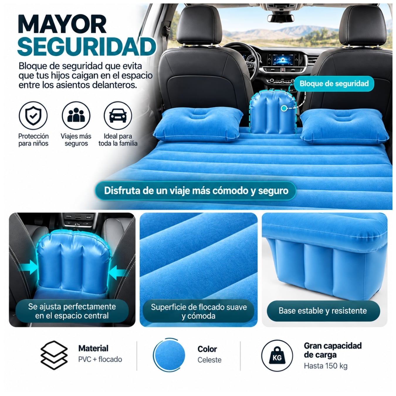 COLCHÓN CAMA INFLABLE AUTOMÓVIL PARA ASIENTO TRASERO CON BOMBA DE PVC CON ALMOHADAS PORTATIL - 3