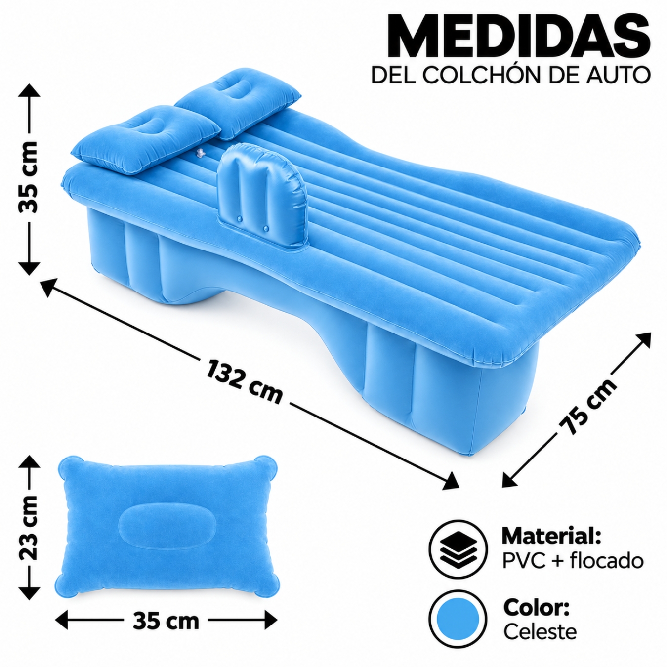 COLCHÓN CAMA INFLABLE AUTOMÓVIL PARA ASIENTO TRASERO CON BOMBA DE PVC CON ALMOHADAS PORTATIL - 5