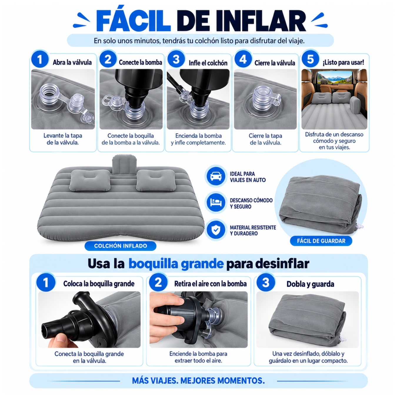 COLCHÓN CAMA INFLABLE AUTOMÓVIL PARA ASIENTO TRASERO CON BOMBA DE PVC CON ALMOHADAS PORTATIL - 2