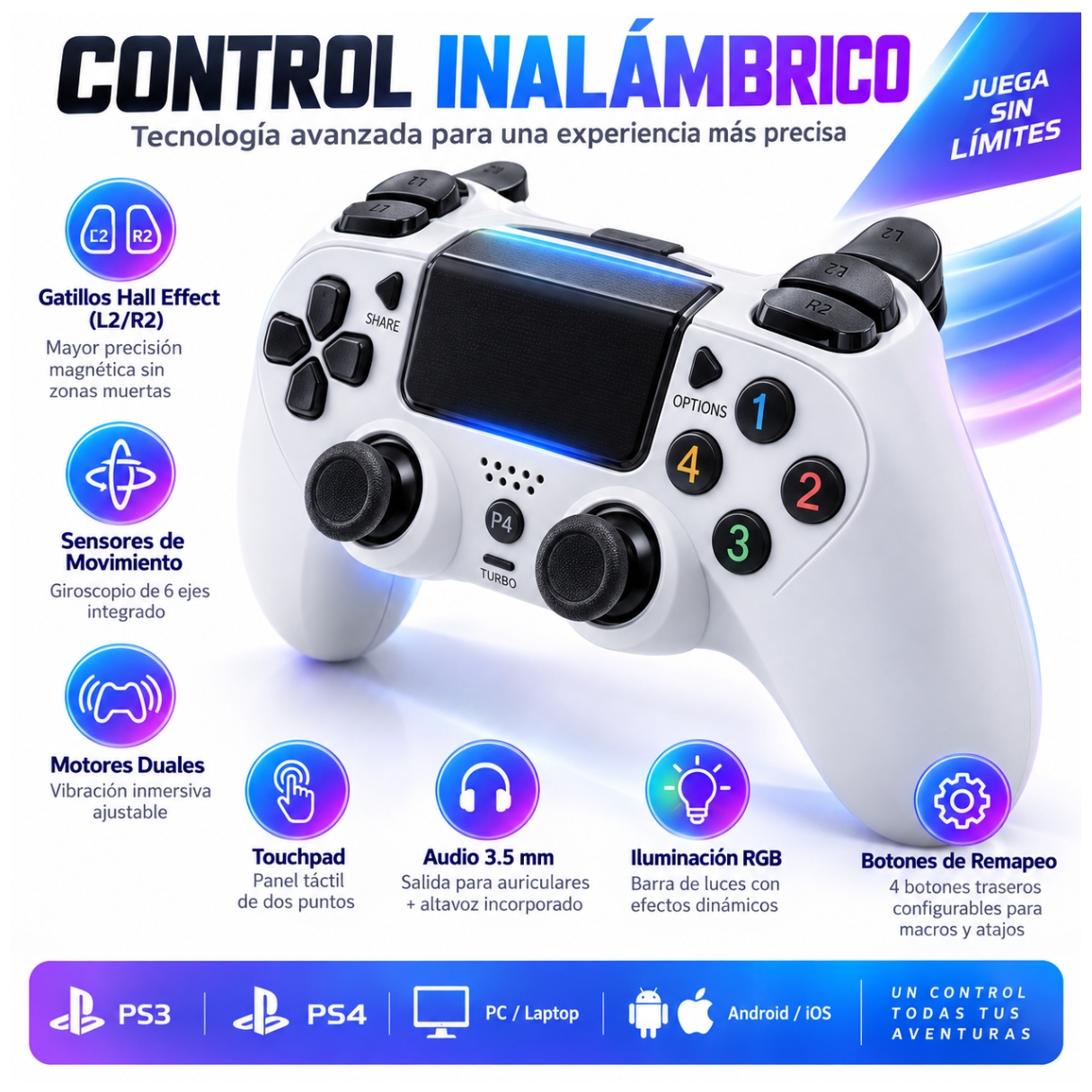 JOYSTICK MANDO CONTROL PARA PS3 PS4 PC ANDROID INALÁMBRICO RECARGABLE VIBRACIÓN DUAL - 4
