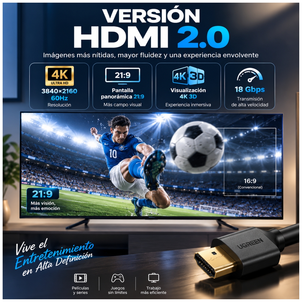 CABLE HDMI 2.0 UGREEN 4K 60HZ DE 1 METRO ULTRA HD HD10106 - 5