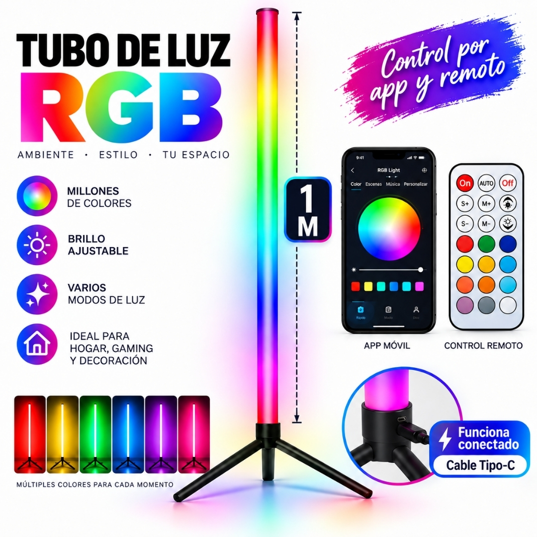 TUBO DE LUZ RGB LED CON CONTROL REMOTO APP MULTICOLOR - 1