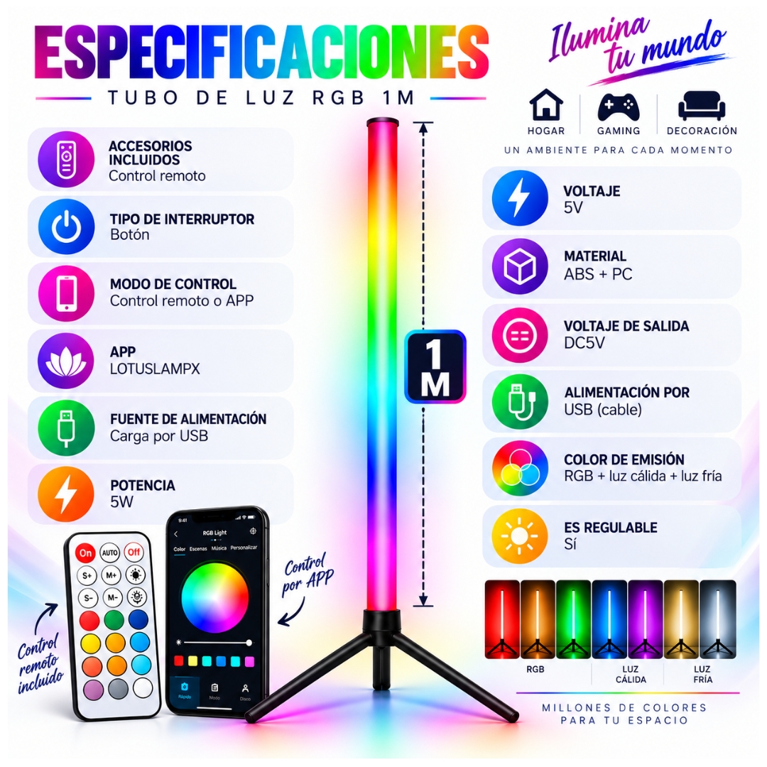 TUBO DE LUZ RGB LED CON CONTROL REMOTO APP MULTICOLOR - 3