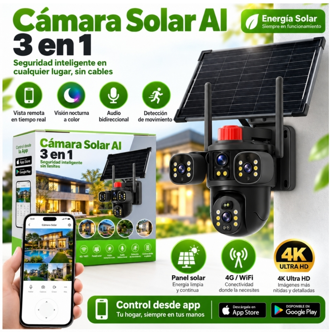 CÁMARA SEGURIDAD VIGILANCIA SOLAR PTZ WIFI 2.4 TRIPLE LENTE VISIÓN NOCTURNA Y AUDIO BIDIRECCIONAL - 2