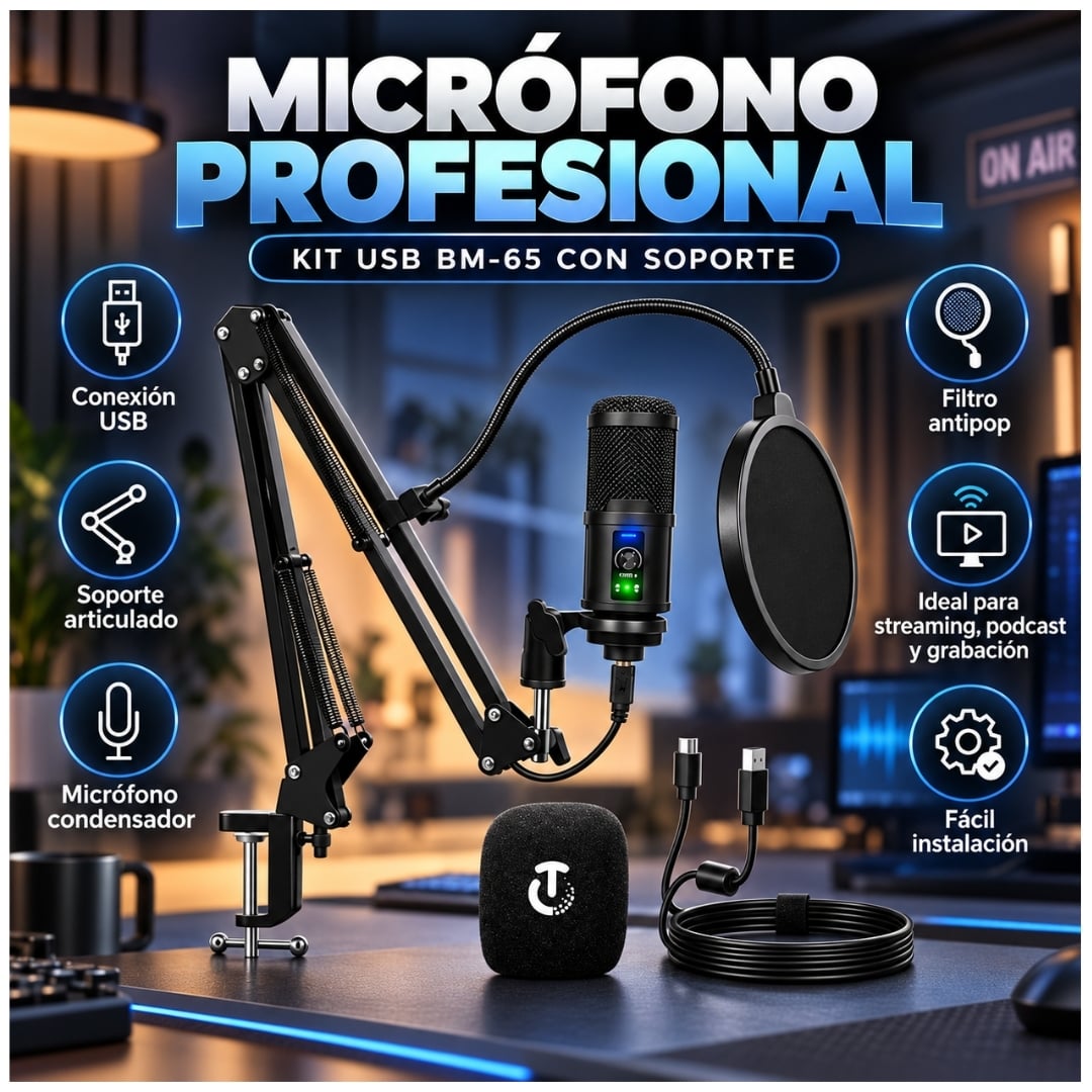 KIT MICRÓFONO CONDENSADOR PROFESIONAL PC USB PARA STREAM Y PODCAST BM-65 - 2
