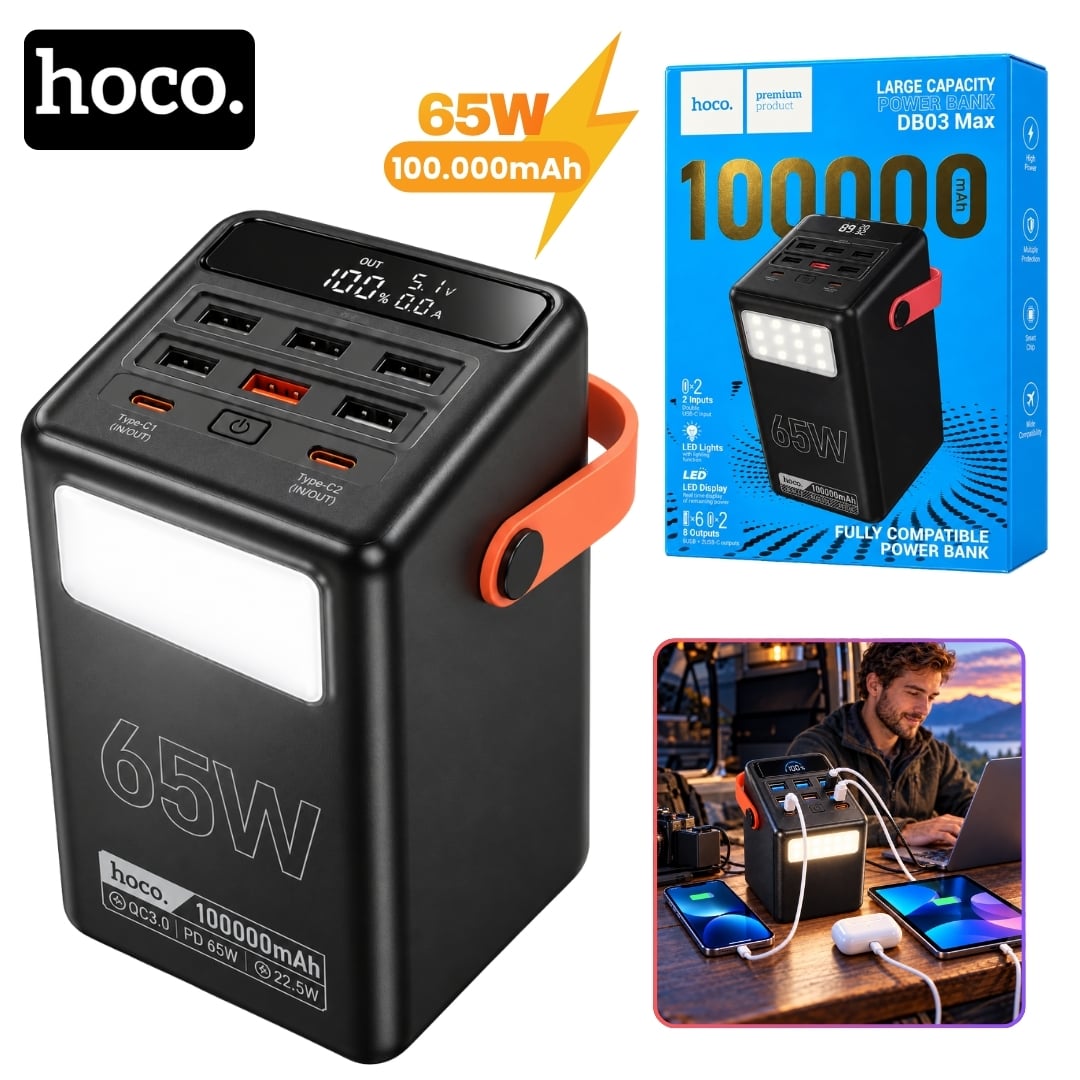 POWER BANK HOCO 100,000MAH CARGA RAPIDA 65W PARA LAPTOP CELULARES BANCO DE ENERGÍA CAMPING LINTERNA - 1