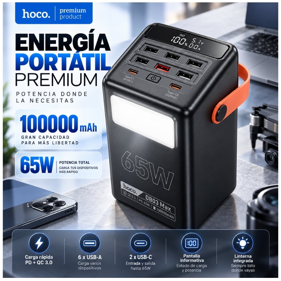 POWER BANK HOCO 100,000MAH CARGA RAPIDA 65W PARA LAPTOP CELULARES BANCO DE ENERGÍA CAMPING LINTERNA - 2