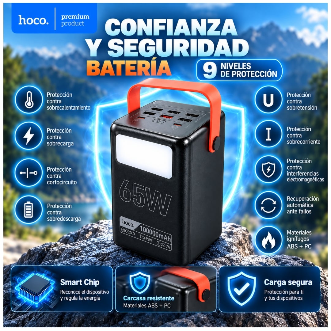 POWER BANK HOCO 100,000MAH CARGA RAPIDA 65W PARA LAPTOP CELULARES BANCO DE ENERGÍA CAMPING LINTERNA - 4