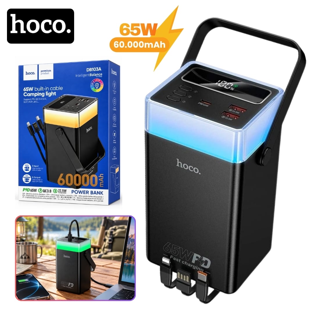 POWER BANK HOCO 60000MAH CARGA RAPIDA 65W PARA LAPTOP CELULARES BANCO DE ENERGÍA CAMPING LINTERNA - 1